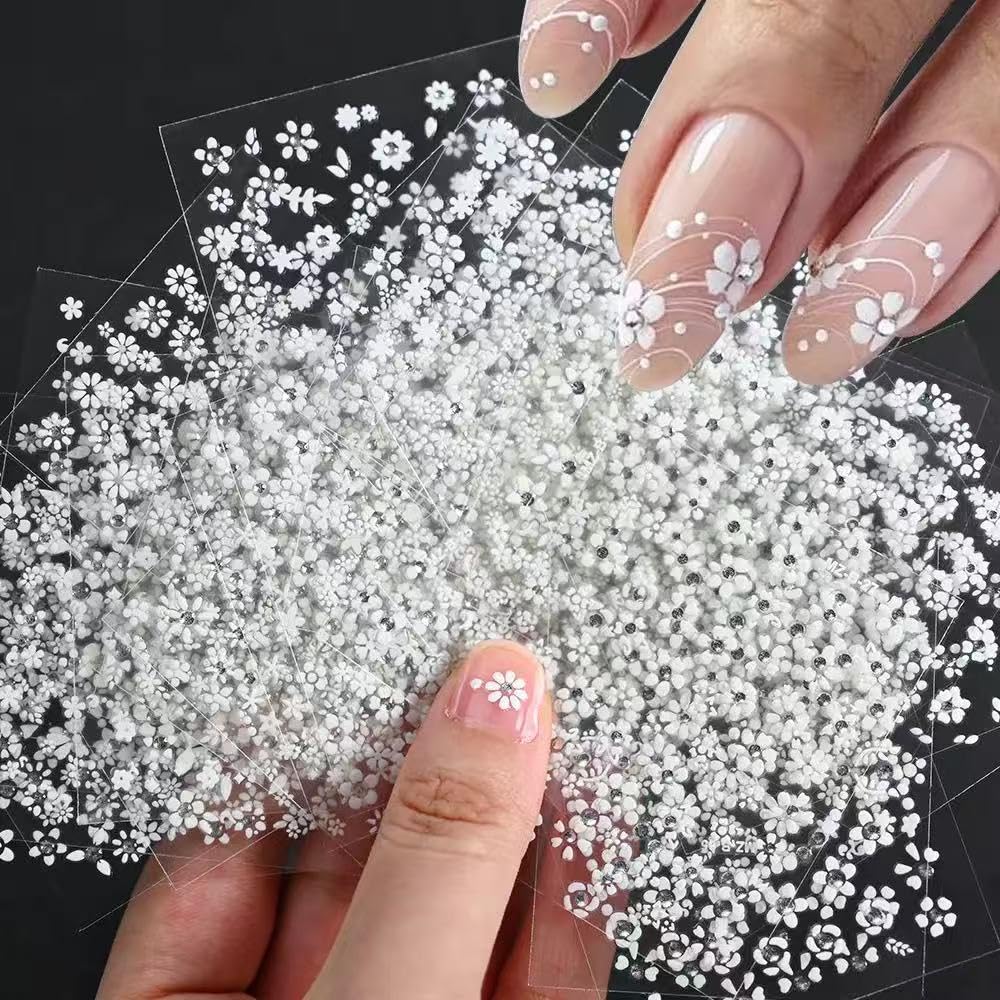 SPLOCUDU white flower nail stickers close-up showing rhinestones for subtle sparkle
