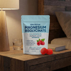 SPNUTRITION Magnesium Bisglycinate Gummies label closeup highlighting vegan formula.