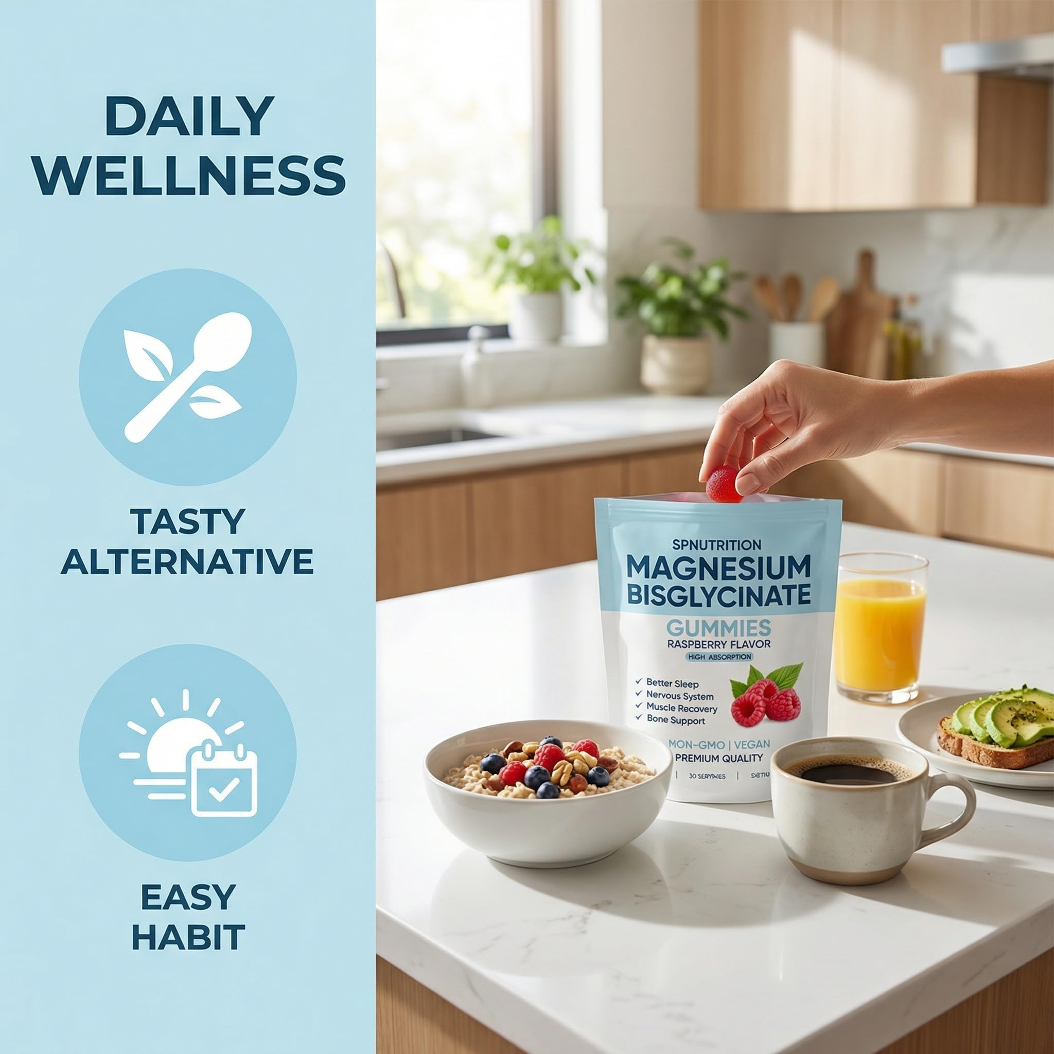 SPNUTRITION Magnesium Bisglycinate Gummies packaging on table suggests convenient daily supplement.