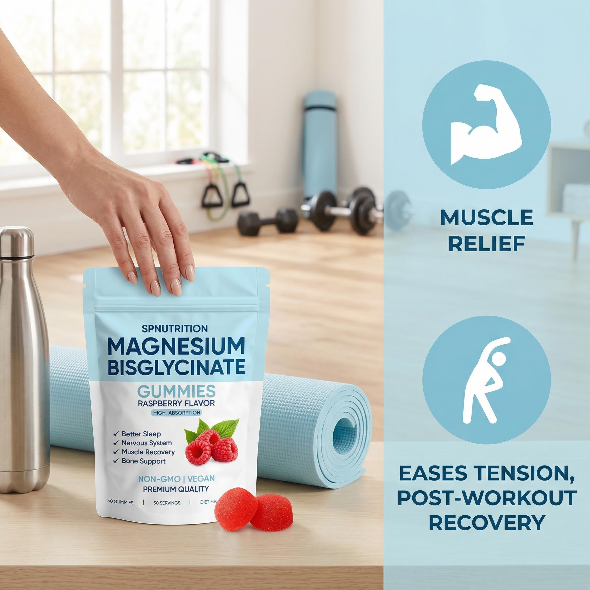 SPNUTRITION Magnesium Bisglycinate Gummies vegan symbol signals gelatin-free option.