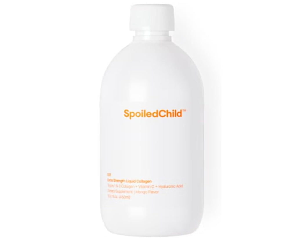 SpoiledChild Collagen Mango bottle showing vitamin C and hyaluronic acid information for skin support