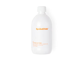 SpoiledChild liquid collagen mango bottle pour, easy daily use for skin and nails.