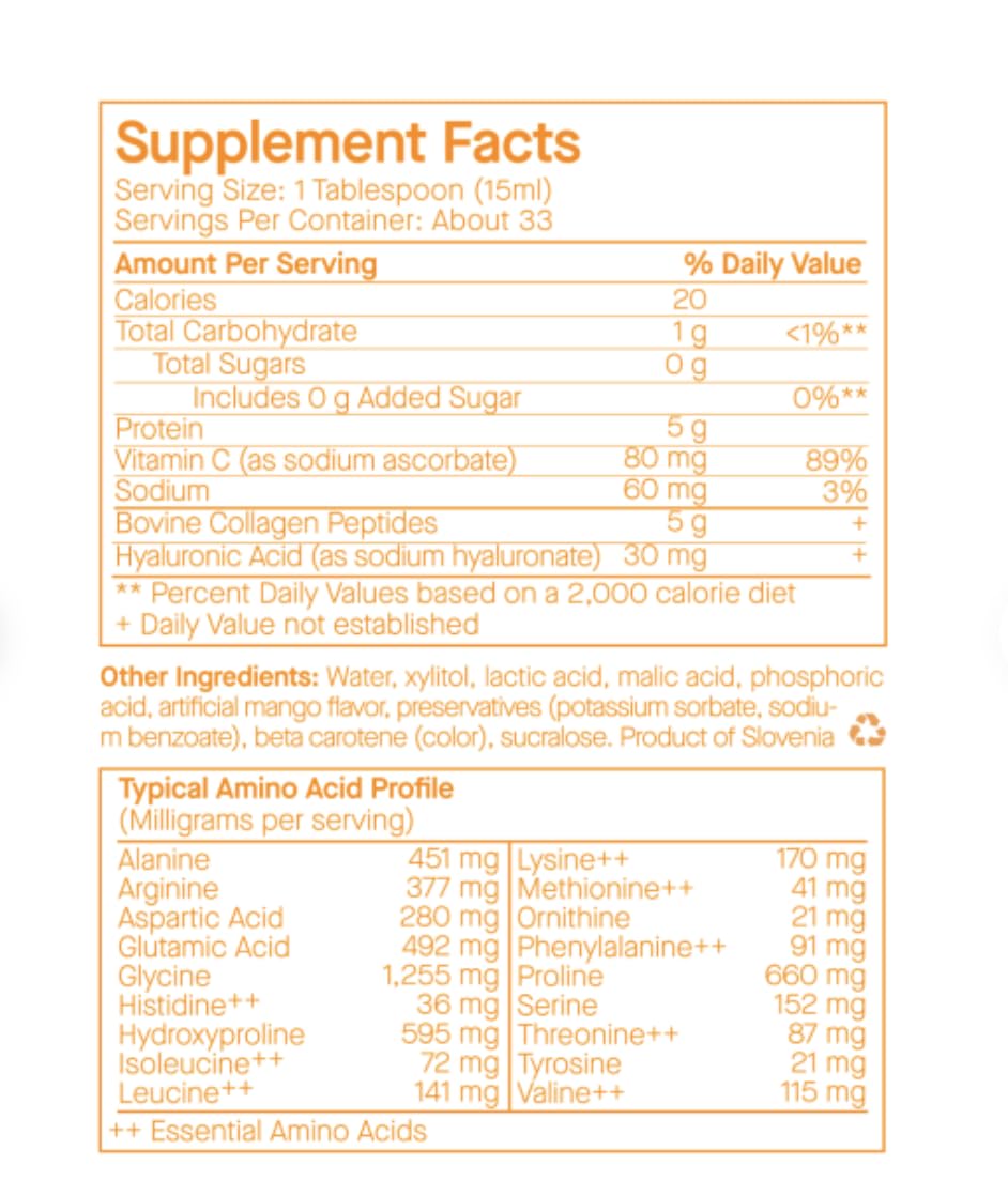 SpoiledChild liquid collagen mango glass serving suggests simple daily dose in a glass.