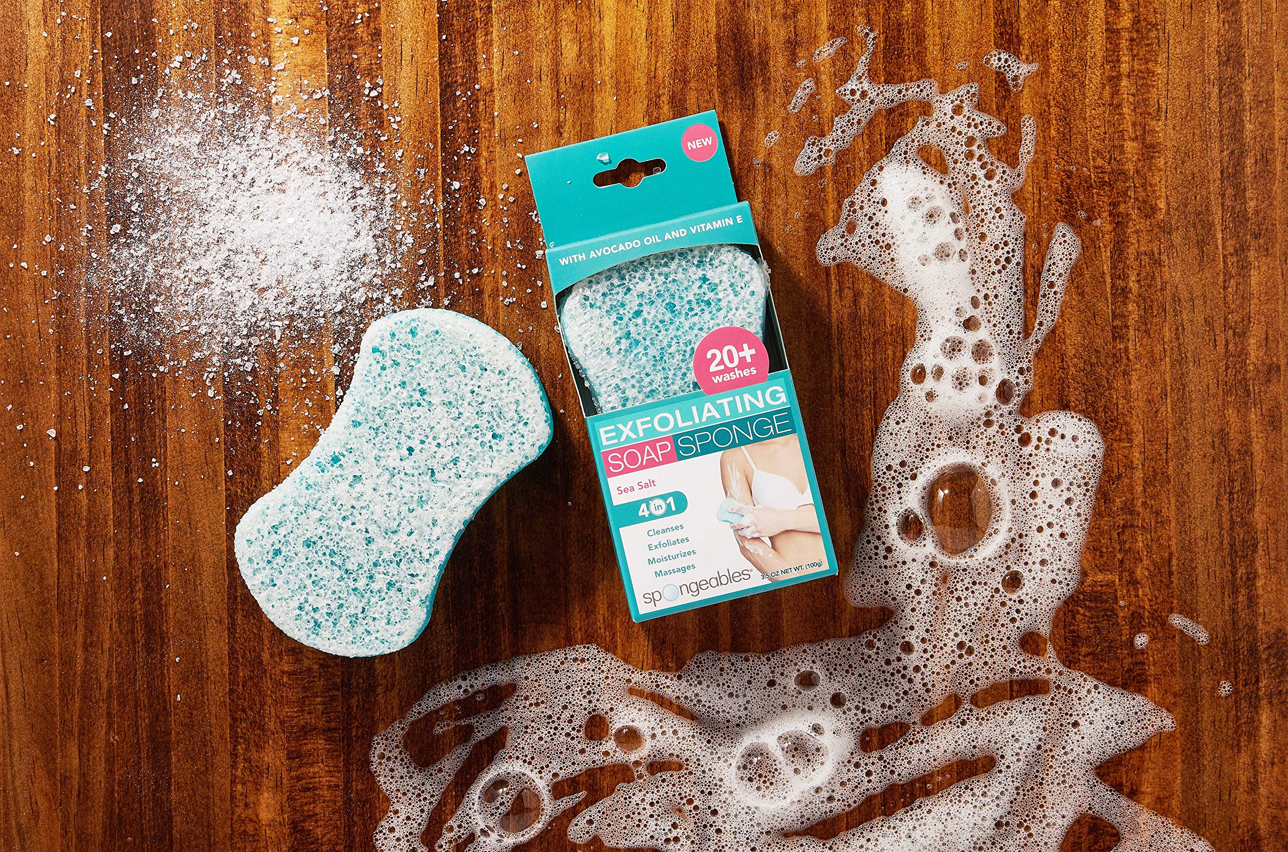 Spongeables Sea Salt sponge close-up featuring dual-textured surface for exfoliation and cleansing.