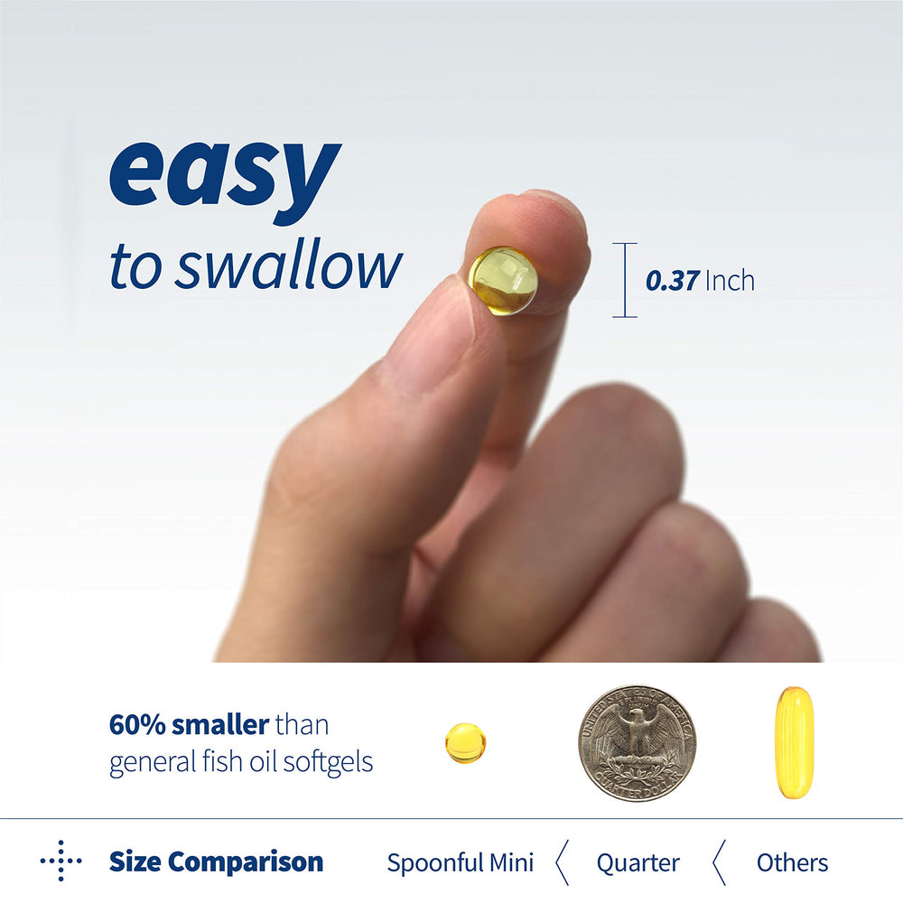 Close-up side view of Spoonful Mini Omega-3 pills emphasizing compact capsules