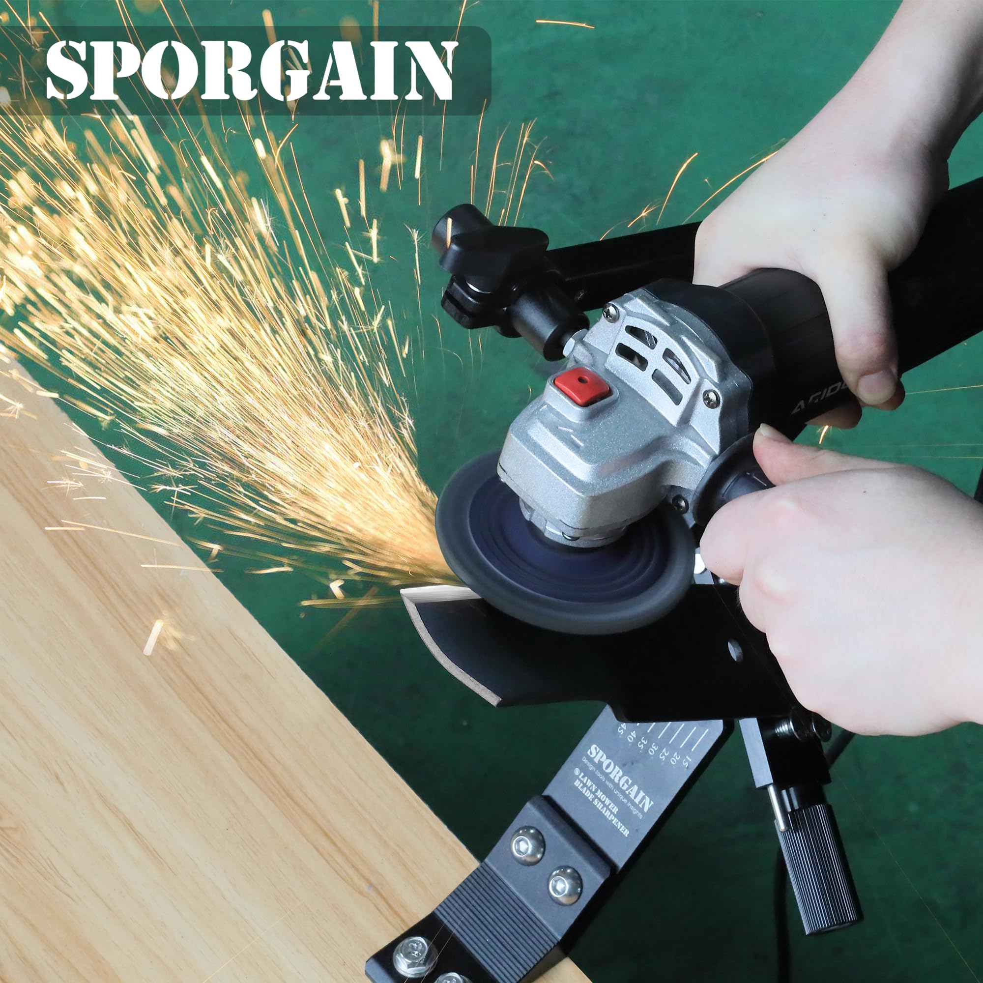 SporGain blade sharpener shows 15°-45° angle adjustment with thumb screws