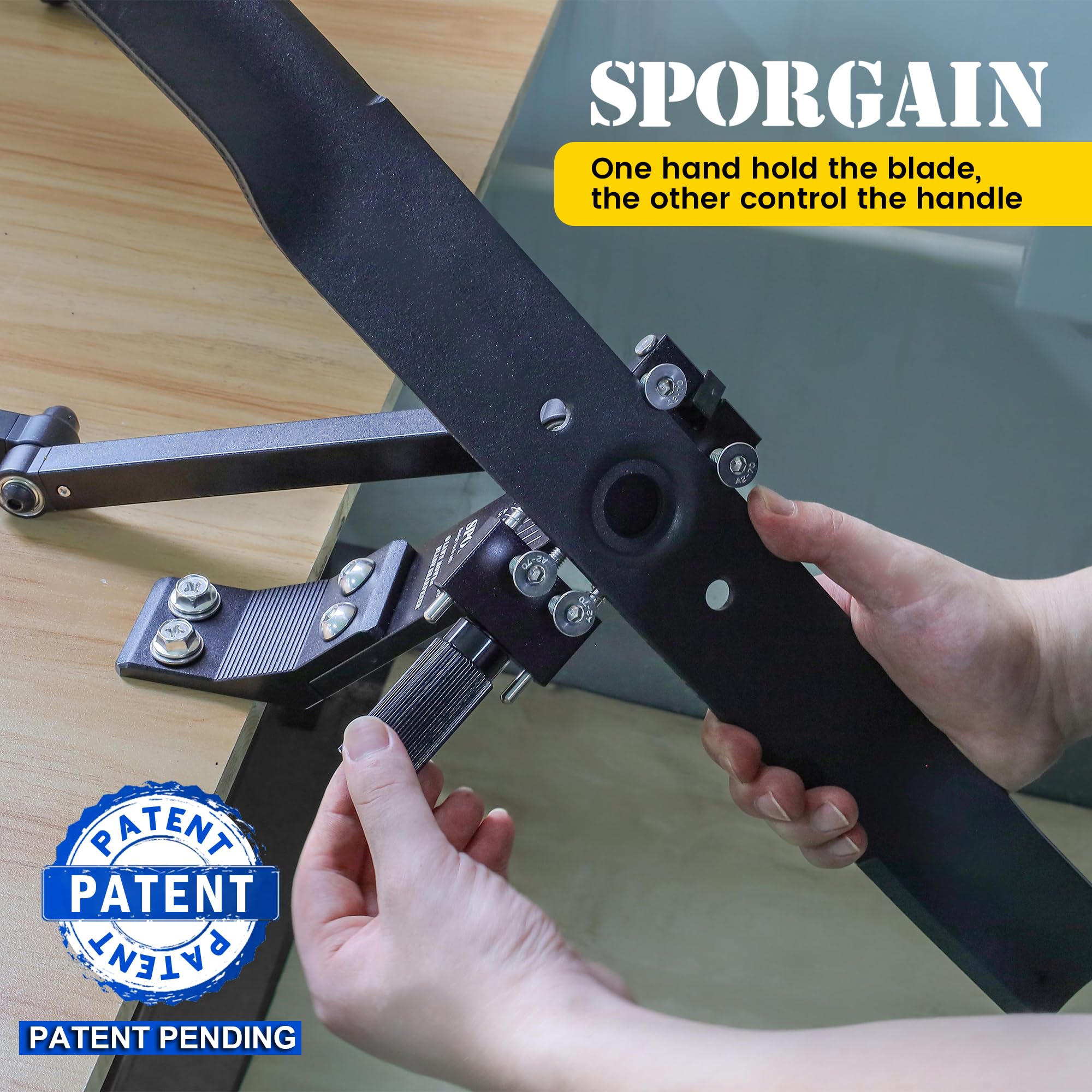 SporGain sharpener with angle grinder setup enabling versatile blade sharpening