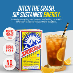 SPORTEA Iced bottle pouring over ice shows convenient brew method.