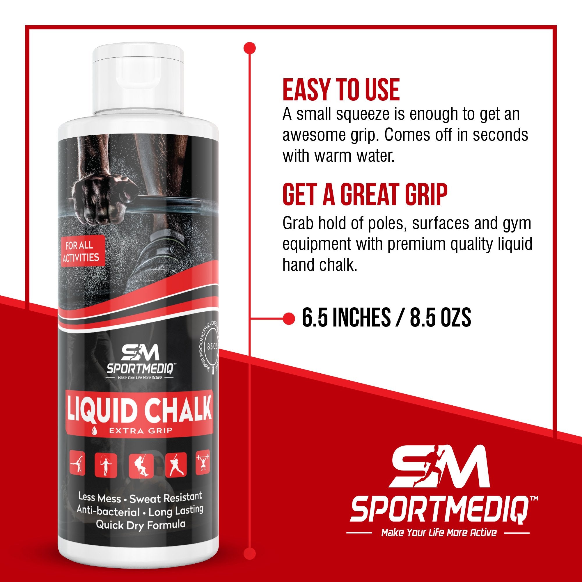 SPORTMEDIQ Pro Grade Liquid Chalk dries quickly to keep hands ready for reps.