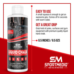 SPORTMEDIQ Pro Grade Liquid Chalk dries quickly to keep hands ready for reps.