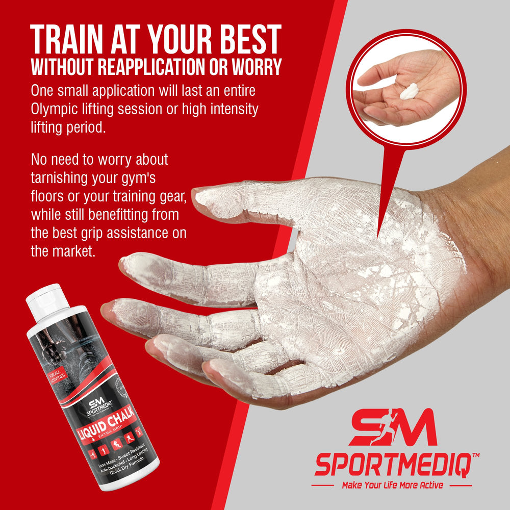 SPORTMEDIQ Pro Grade Liquid Chalk on weightlifting bars enhances grip.