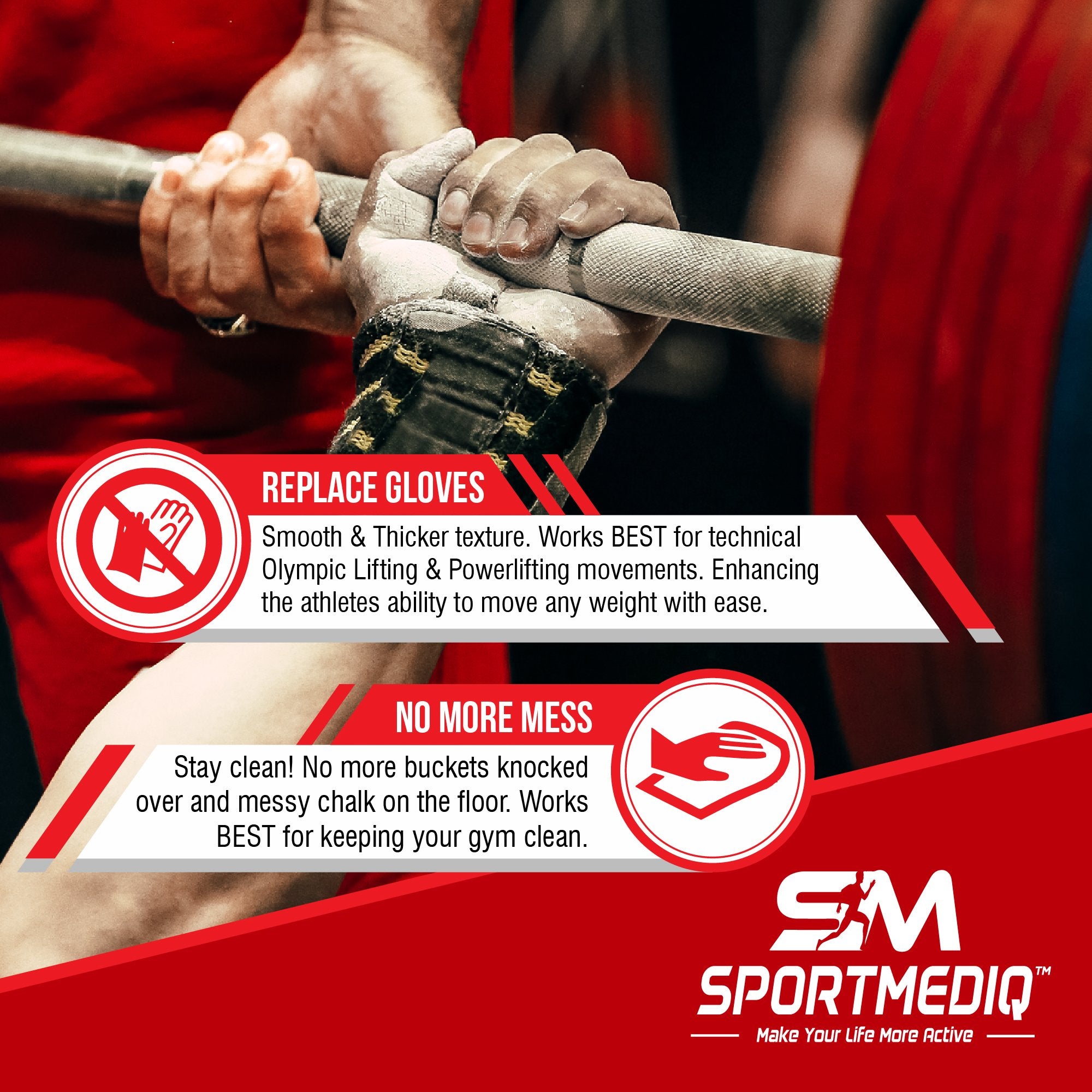 SPORTMEDIQ Pro Grade Liquid Chalk palms prepped for secure lifting.