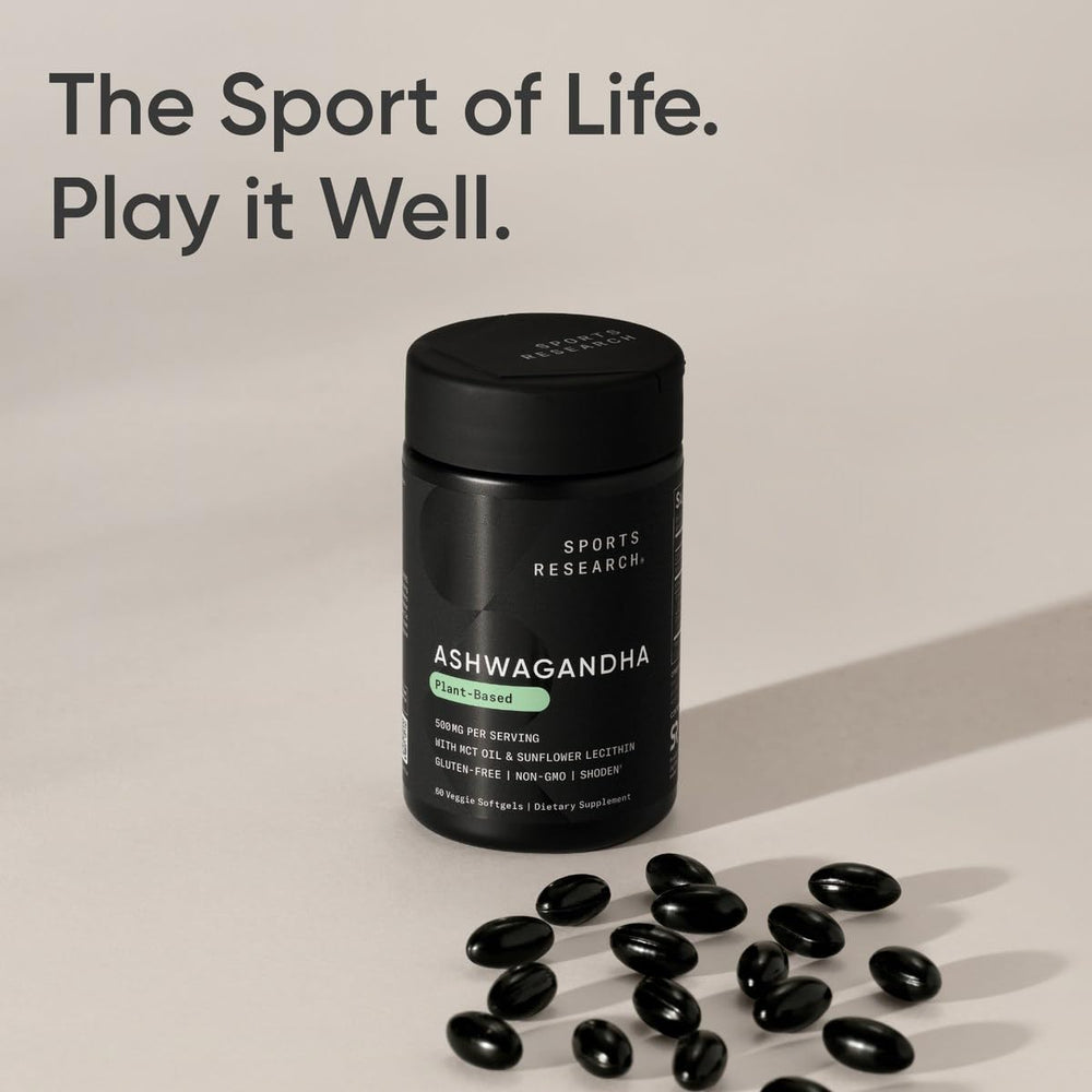 Sports Research Ashwagandha Softgels bottle with spoon suggesting daily routine