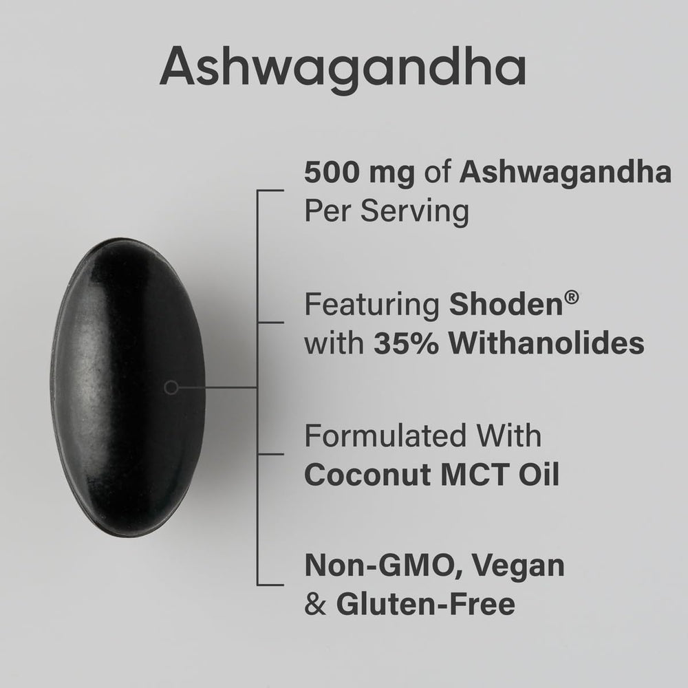 Sports Research Ashwagandha softgels capsules close-up highlighting Shoden extract.