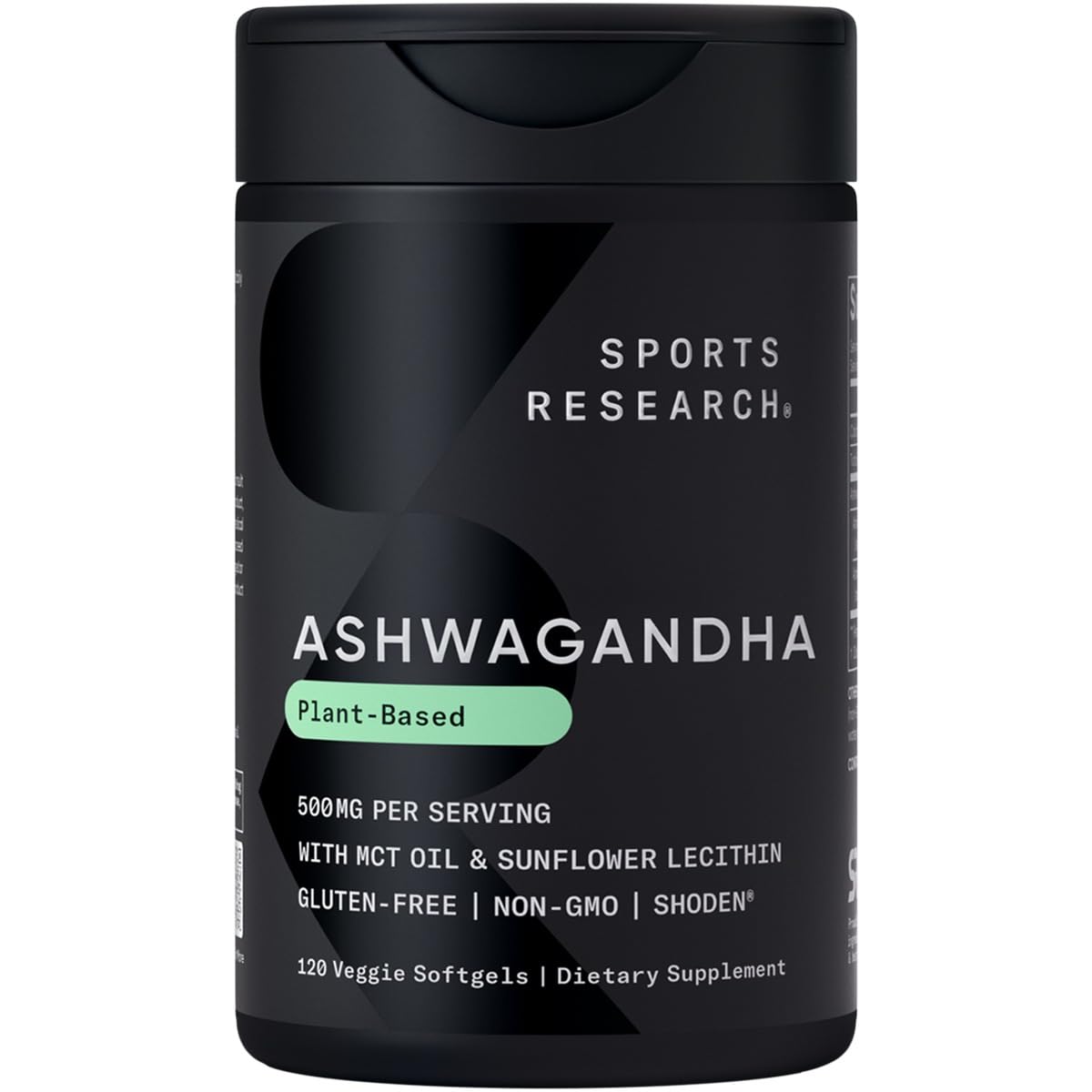 Sports Research Ashwagandha softgels bottle with coconut MCT for daily calm.