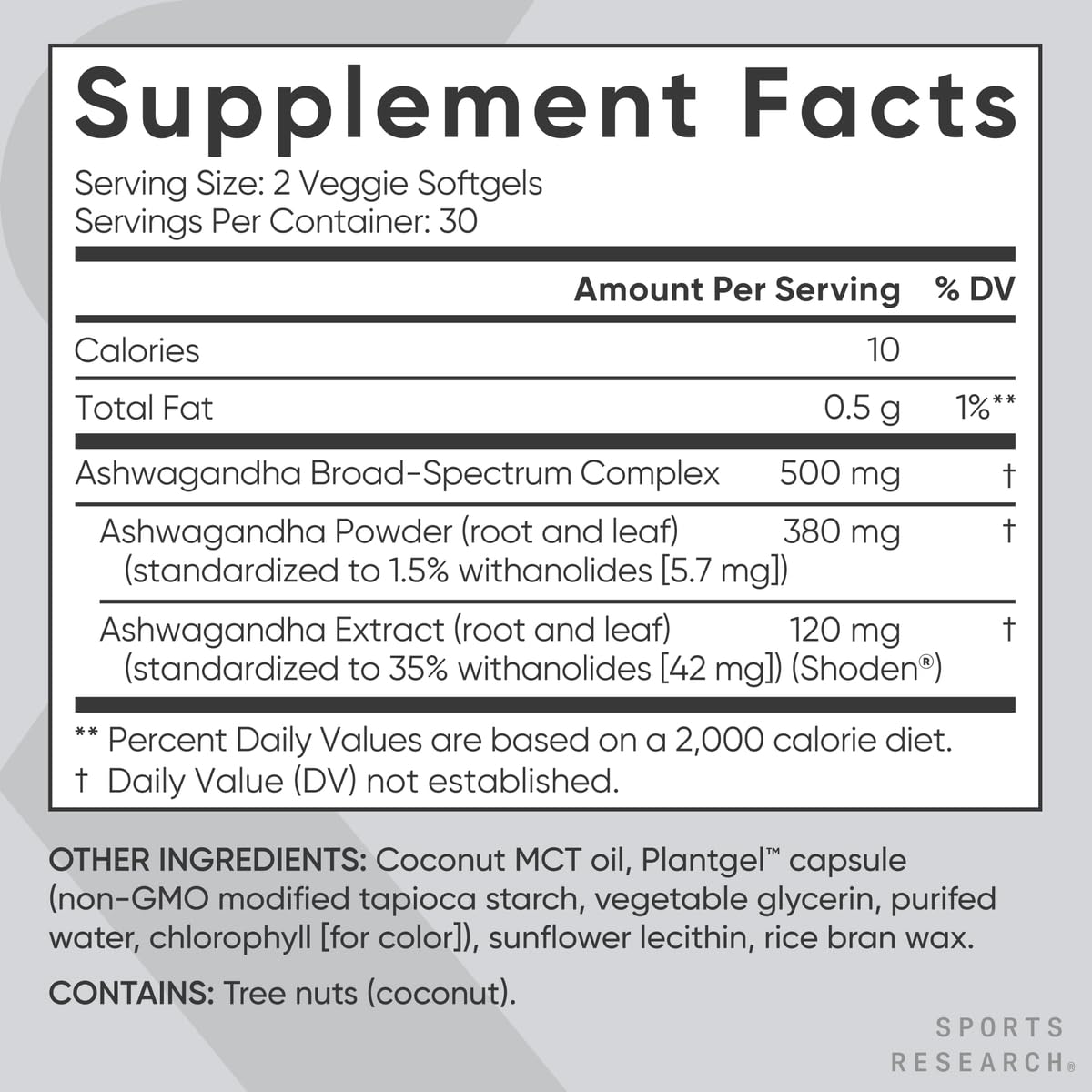Sports Research Ashwagandha Softgels ingredients coconut MCT oil for absorption