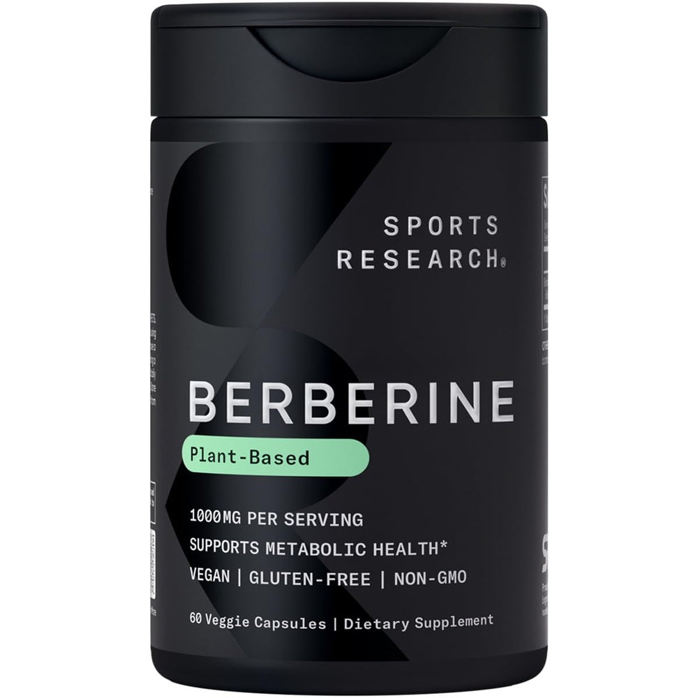Sports Research Berberine bottle front showing plant-based metabolic support for daily wellness.