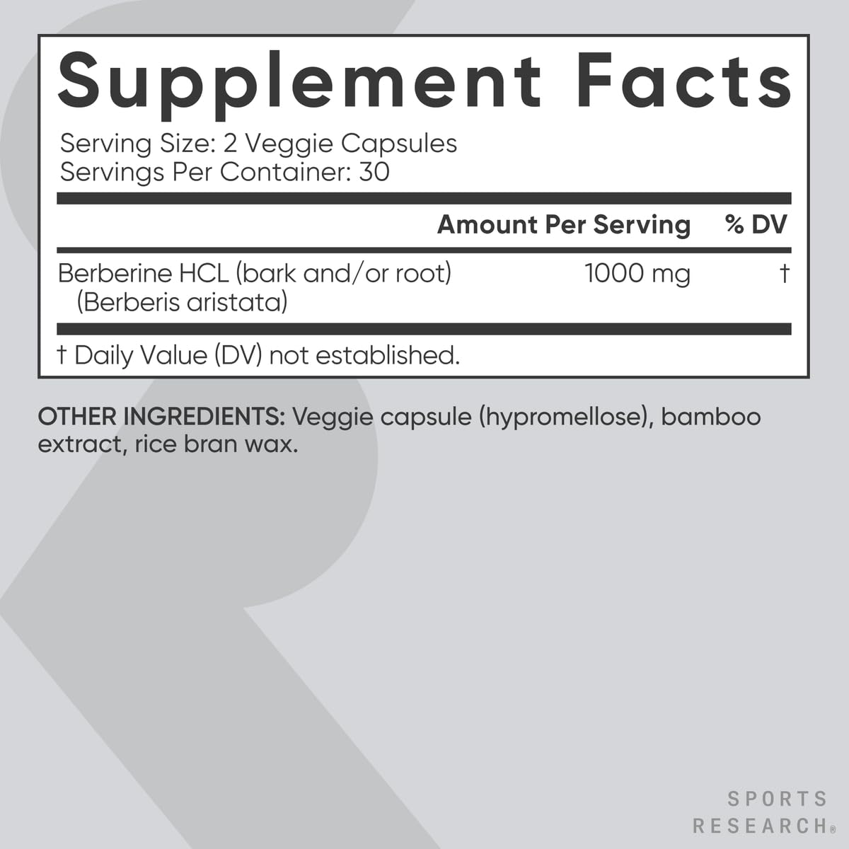 Sports Research Berberine packaging with vegan certification to reinforce quality and plant-based sourcing.