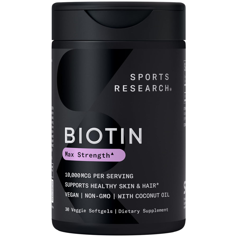 Sports Research Biotin 10,000mcg bottle with vegan capsule for hair and skin support.