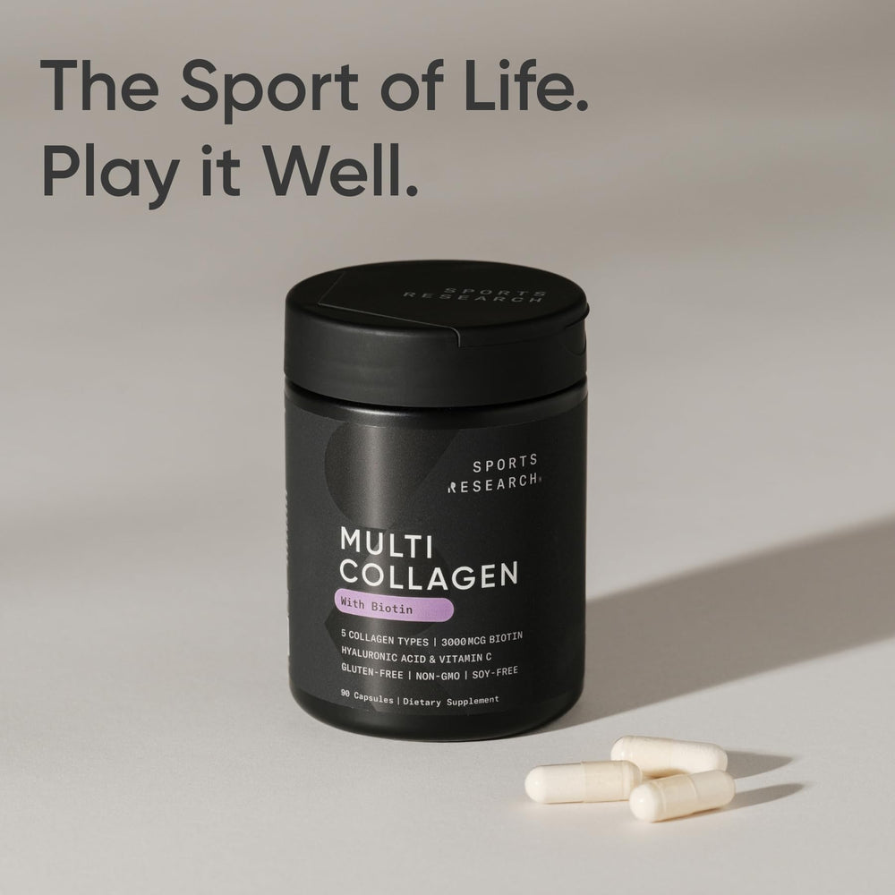 Sports Research Biotin-Infused Collagen product shot emphasizing hair and joint benefits