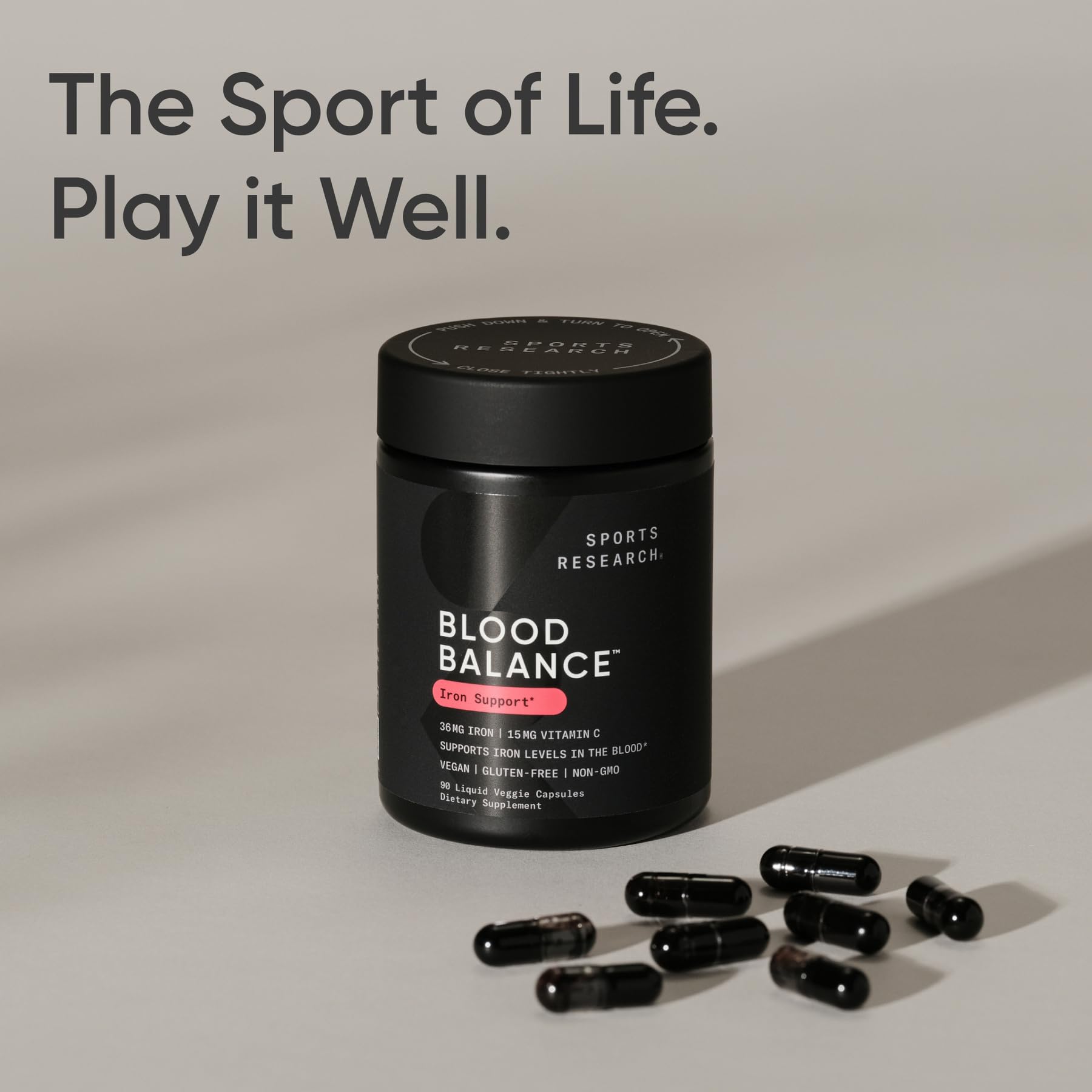 Sports Research Blood Balance vegan certification seal on bottle.