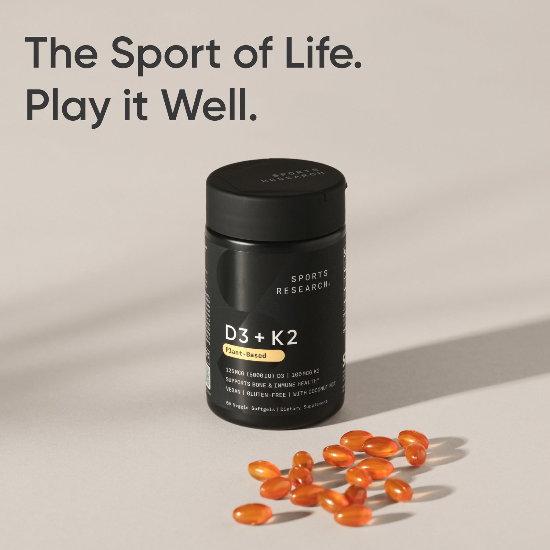 Sports Research bottle close-up shows easy-to-swallow softgels for daily use.