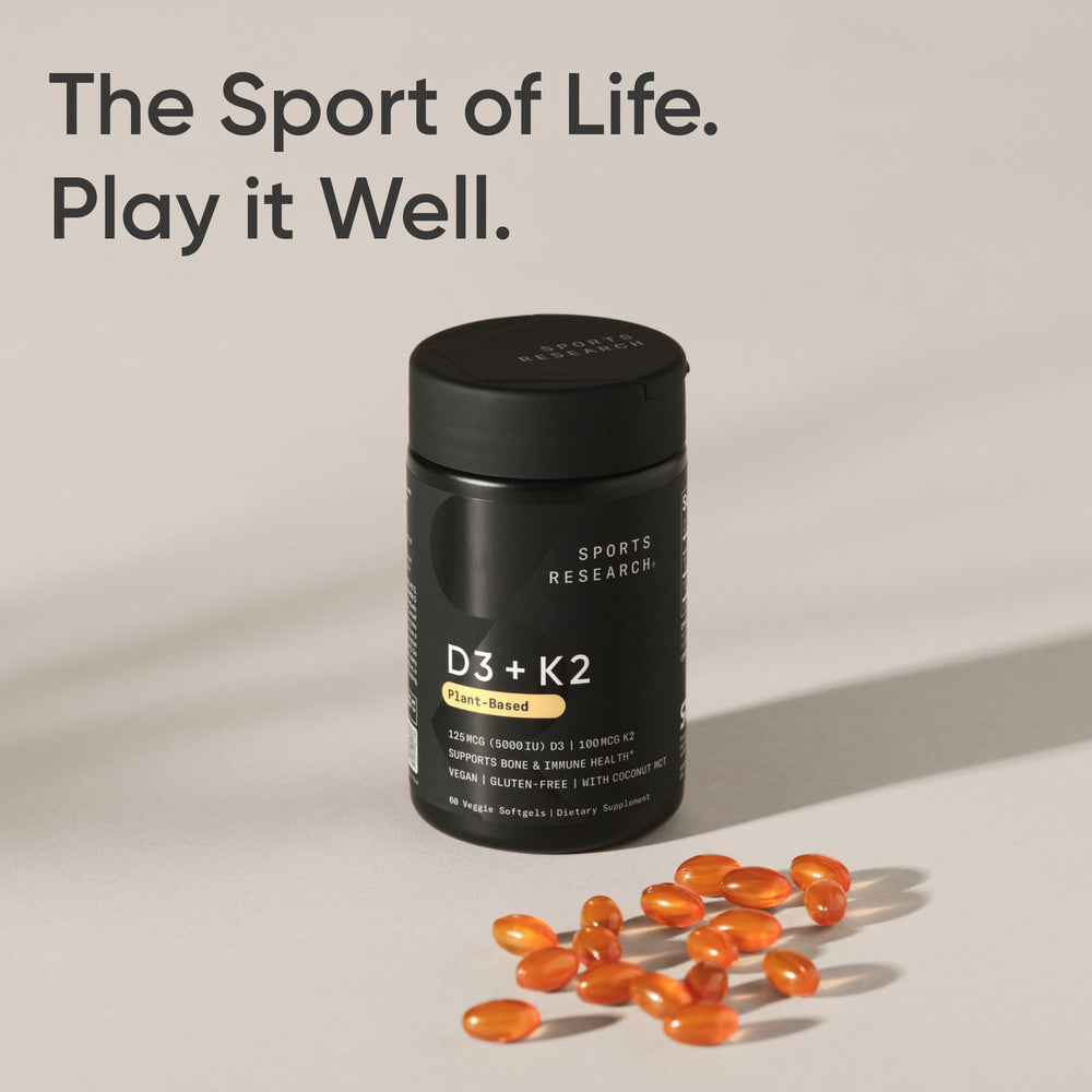 Sports Research bottle close-up shows easy-to-swallow softgels for daily use.