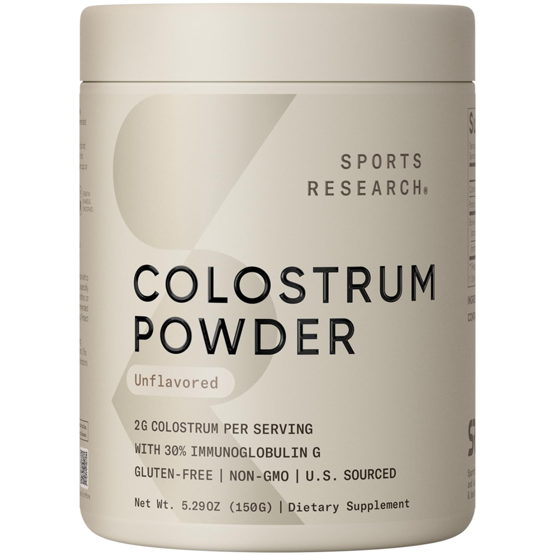 Sports Research Bovine Colostrum Powder bottle ready for easy mixing to support daily wellness.
