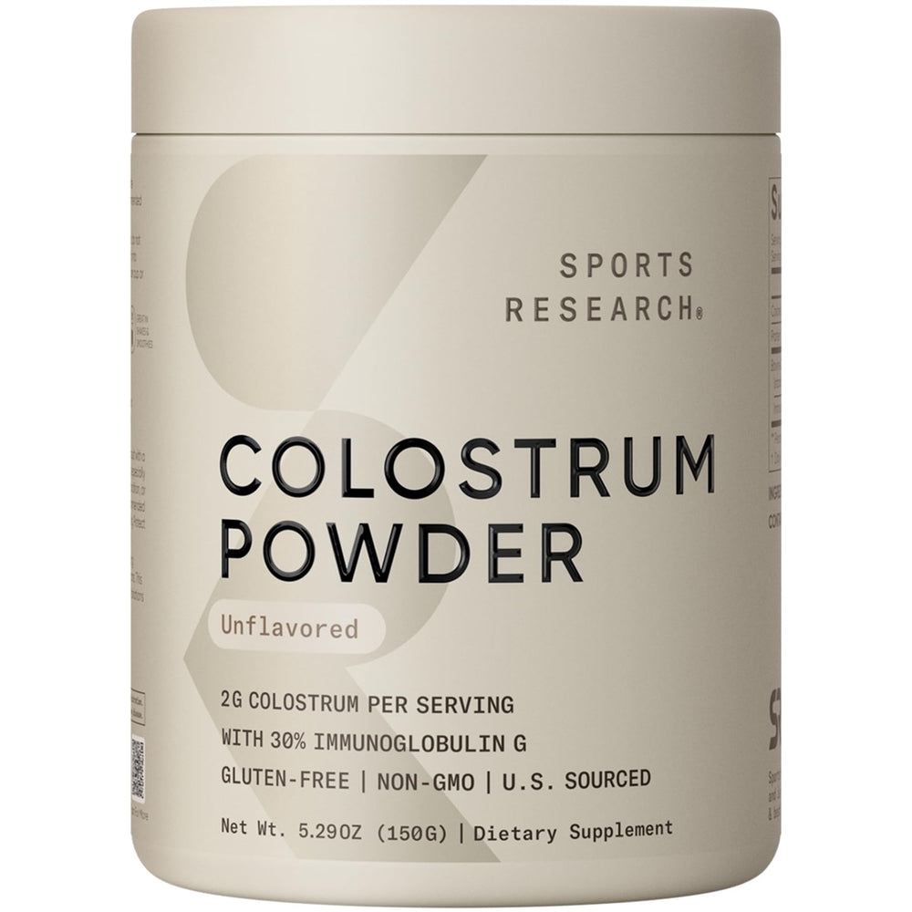 Sports Research Bovine Colostrum Powder bottle ready for easy mixing to support daily wellness.
