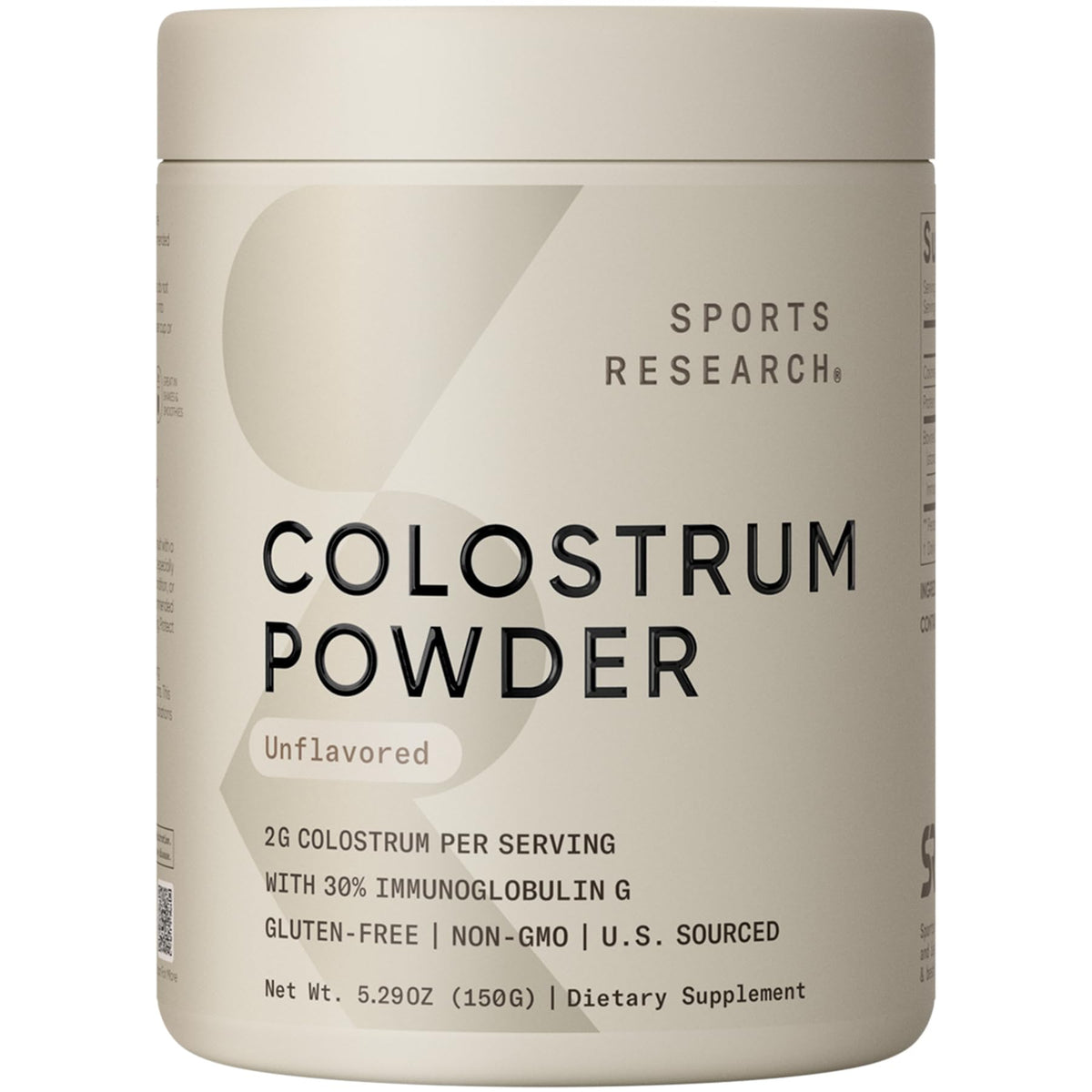 Sports Research Bovine Colostrum Powder bottle ready for easy mixing to support daily wellness.