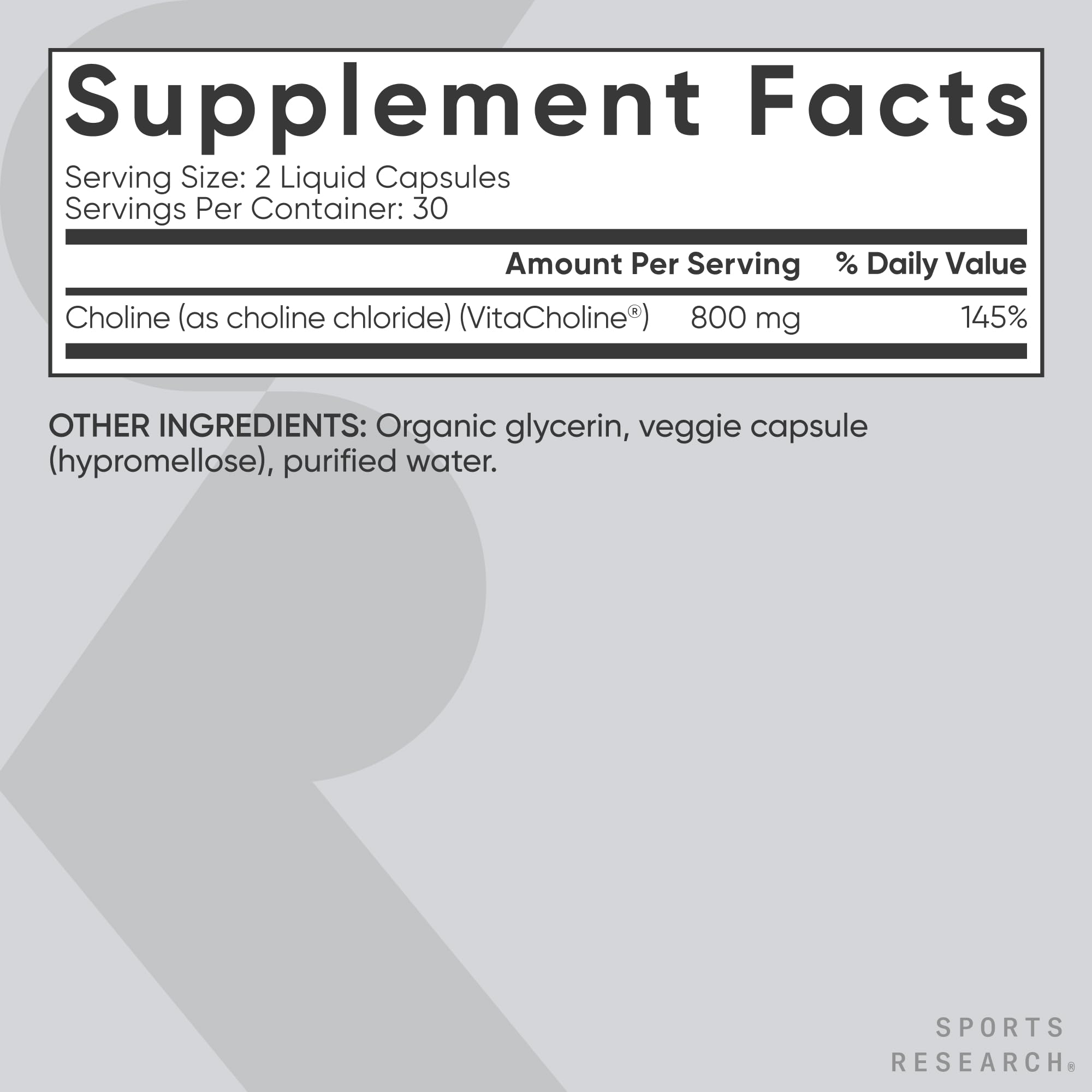 Sports Research Choline 800 mg daily dose illustration showing two capsules.