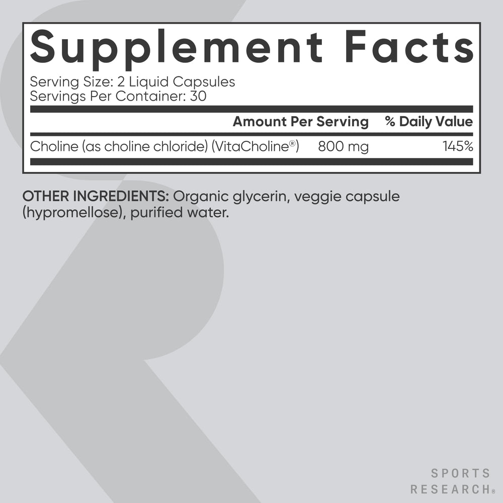 Sports Research Choline 800 mg daily dose illustration showing two capsules.