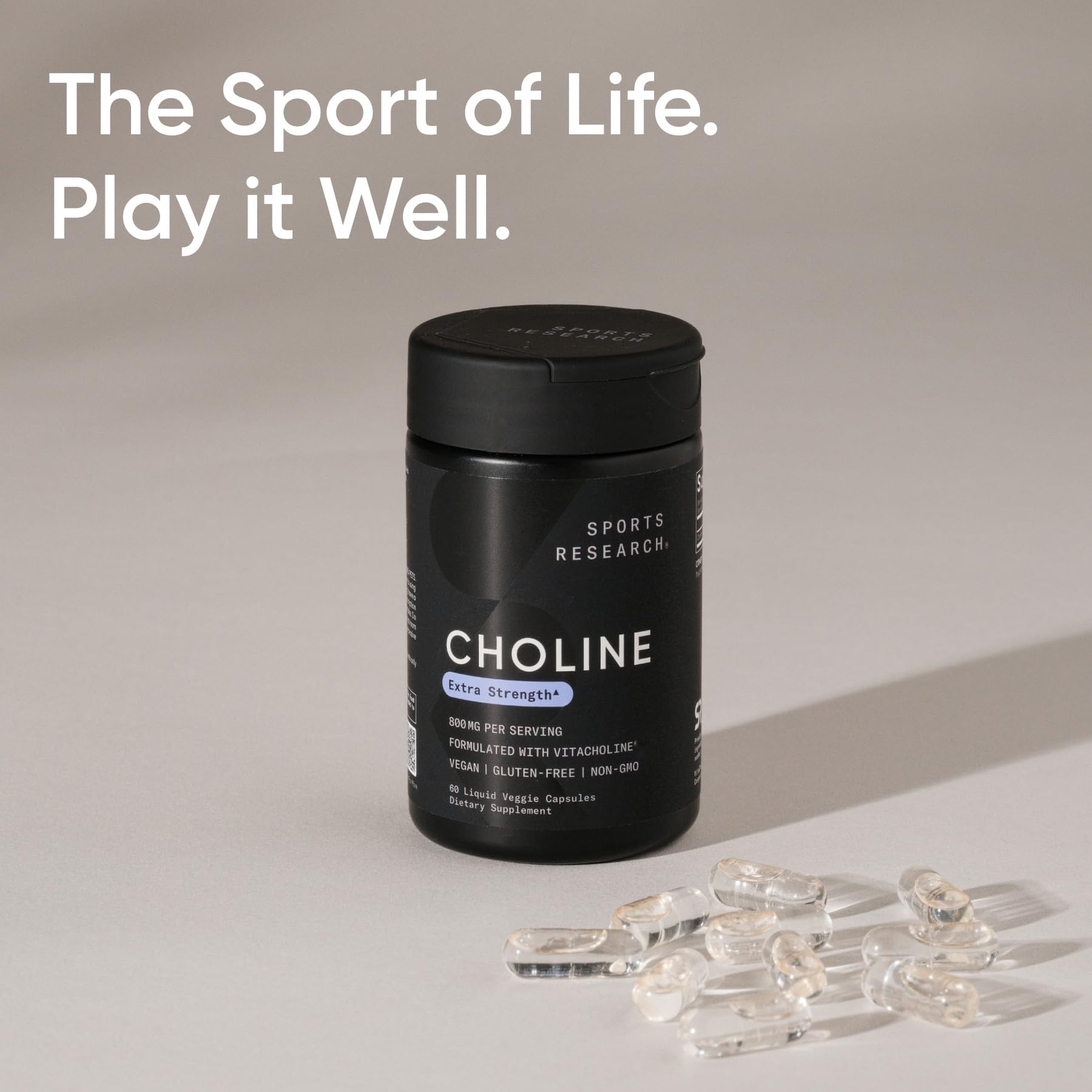 Sports Research Choline 800 mg packaging highlighting gluten-free and non-GMO features.