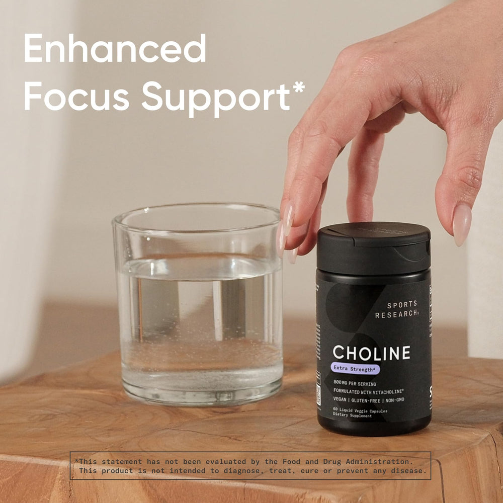 Sports Research Choline 800 mg bottle with packaging and cap.