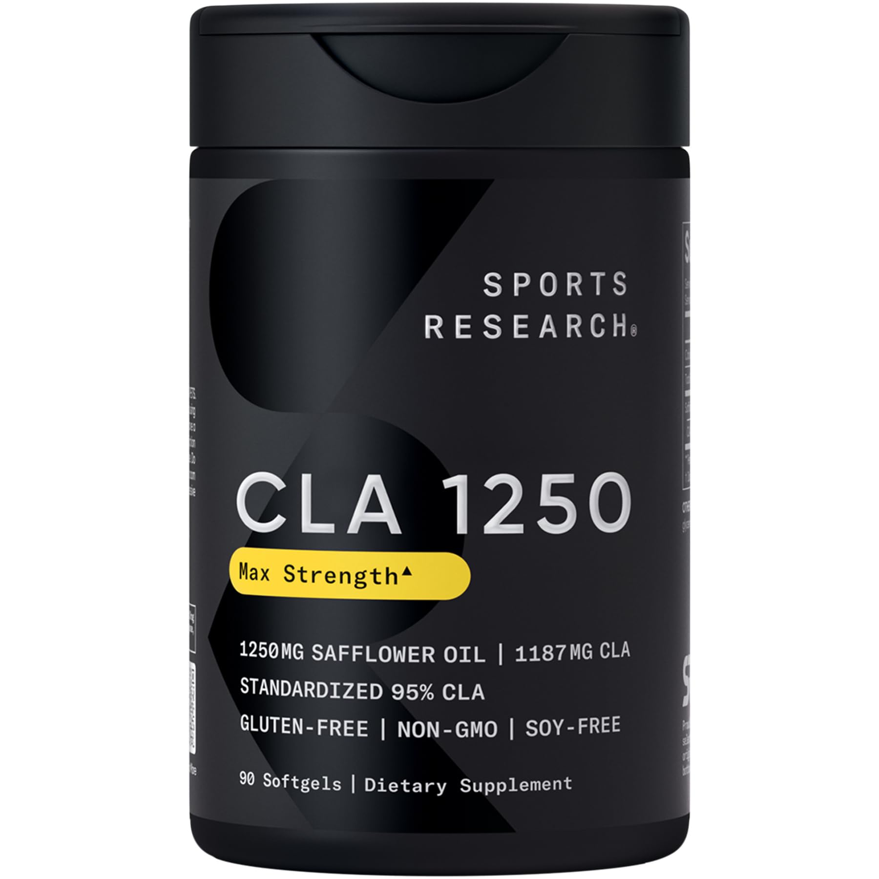 Sports Research CLA bottle front view showing 1250 mg softgels for exercise support