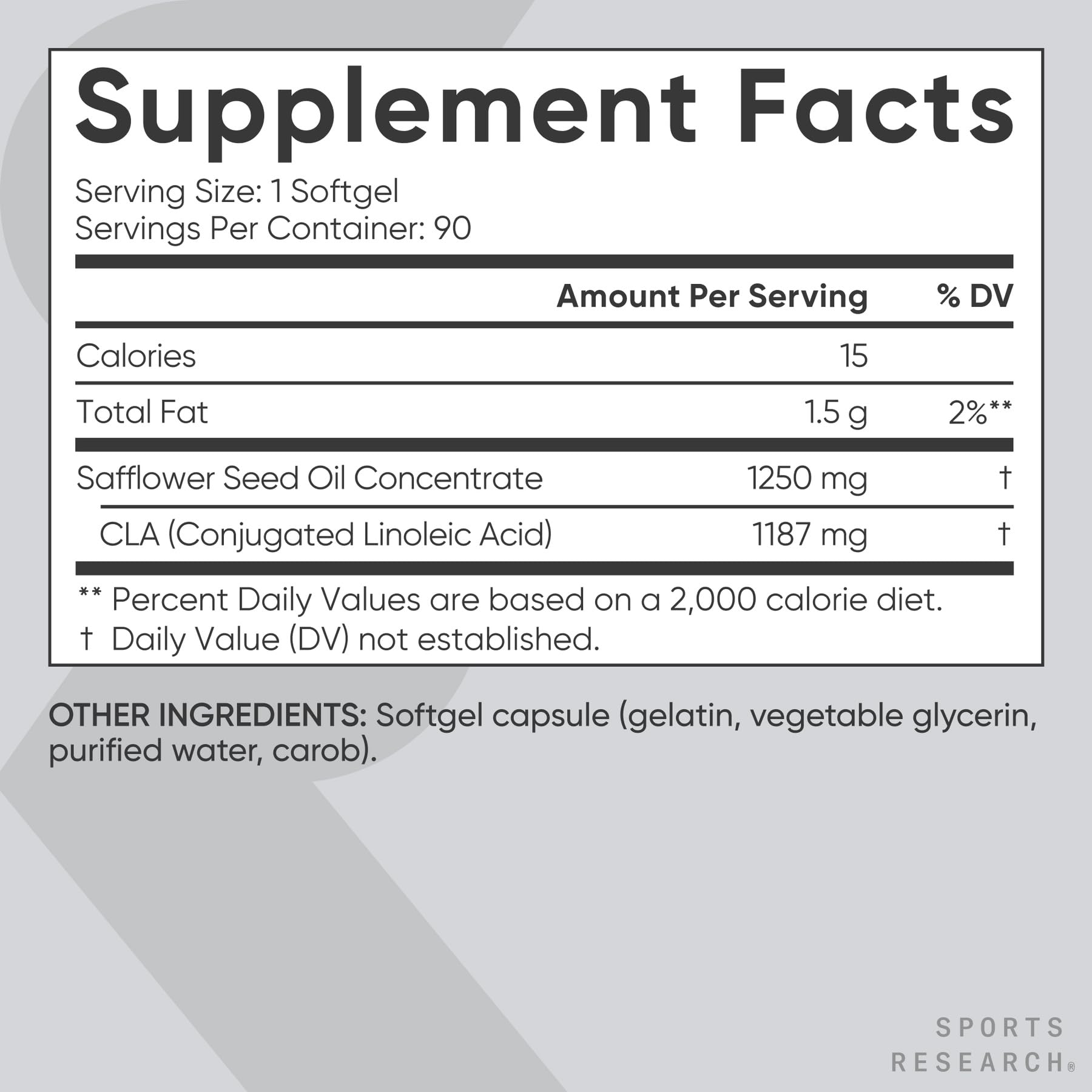 Side view of Sports Research CLA bottle highlighting non GMO safflower oil