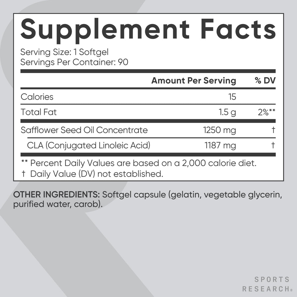 Side view of Sports Research CLA bottle highlighting non GMO safflower oil