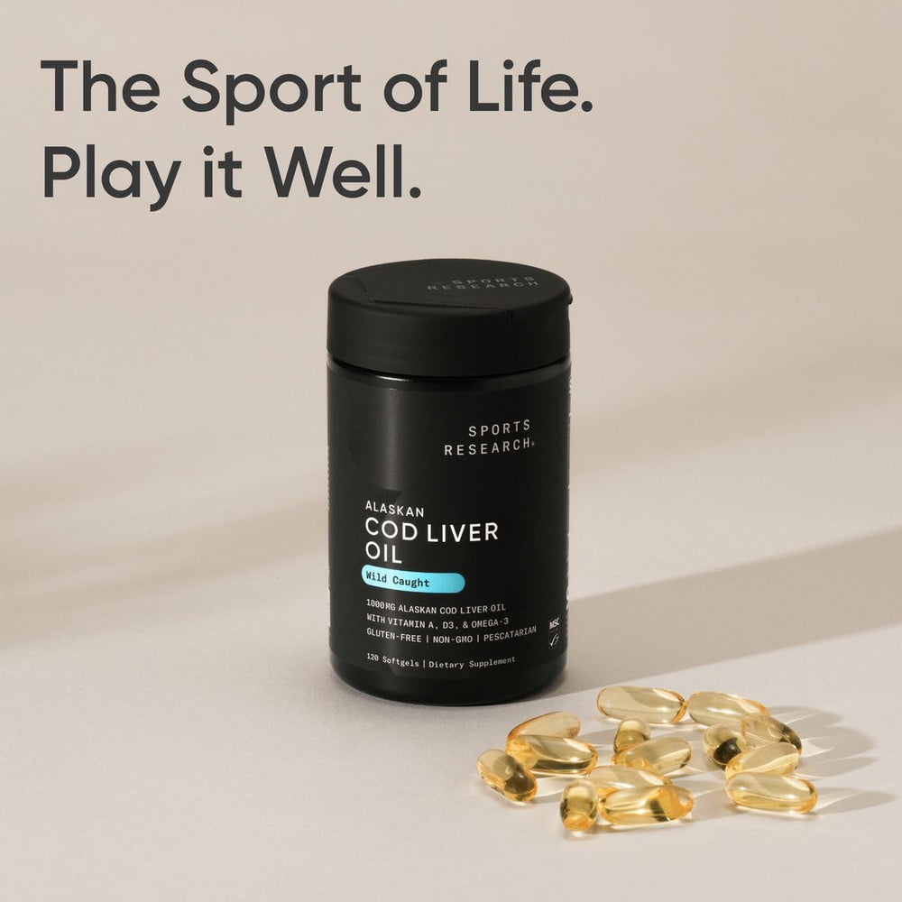 Sports Research cod liver oil bottle pour demonstrates convenient dosage and integration into routines.