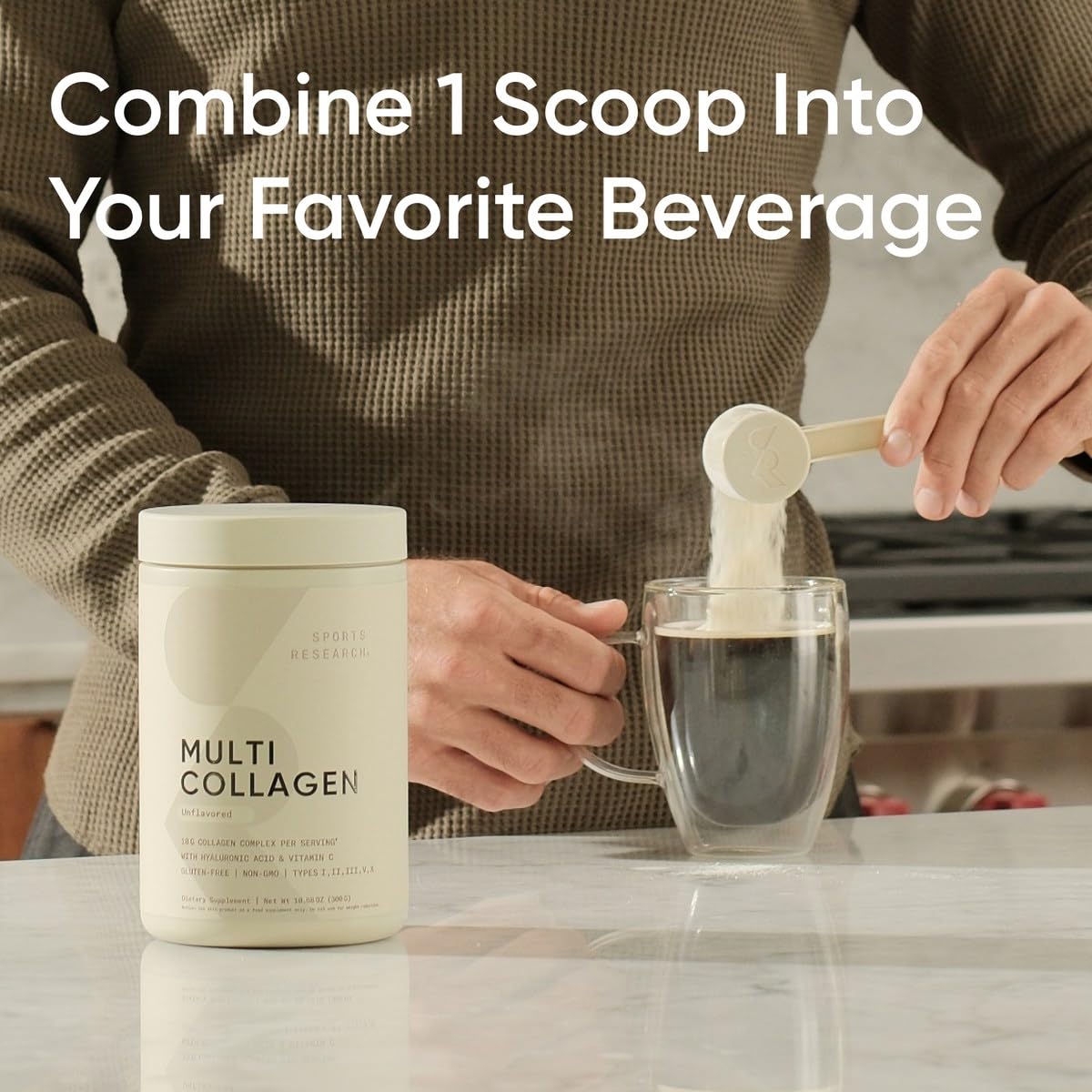 Ingredients label highlights collagen types I–X and diverse sources.
