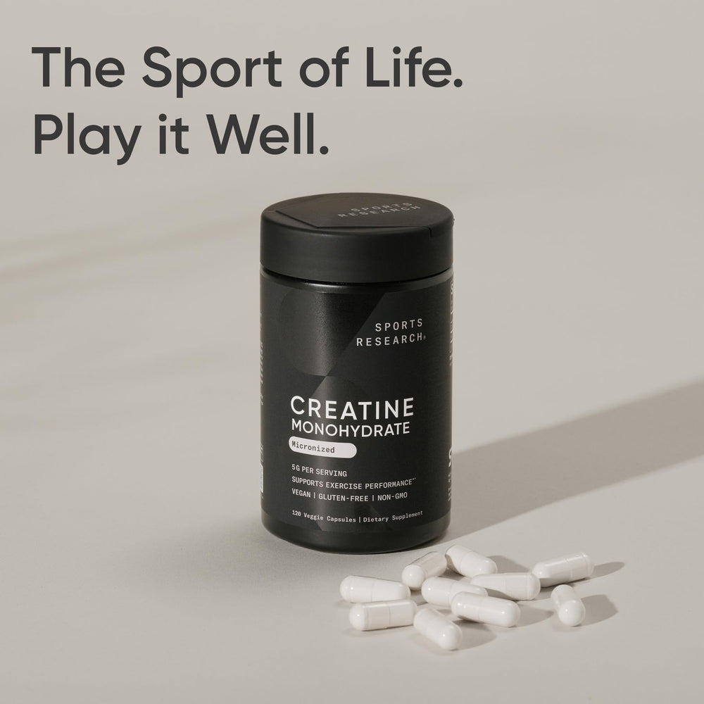 Vegan certified Sports Research creatine capsules displayed with clean ingredients.