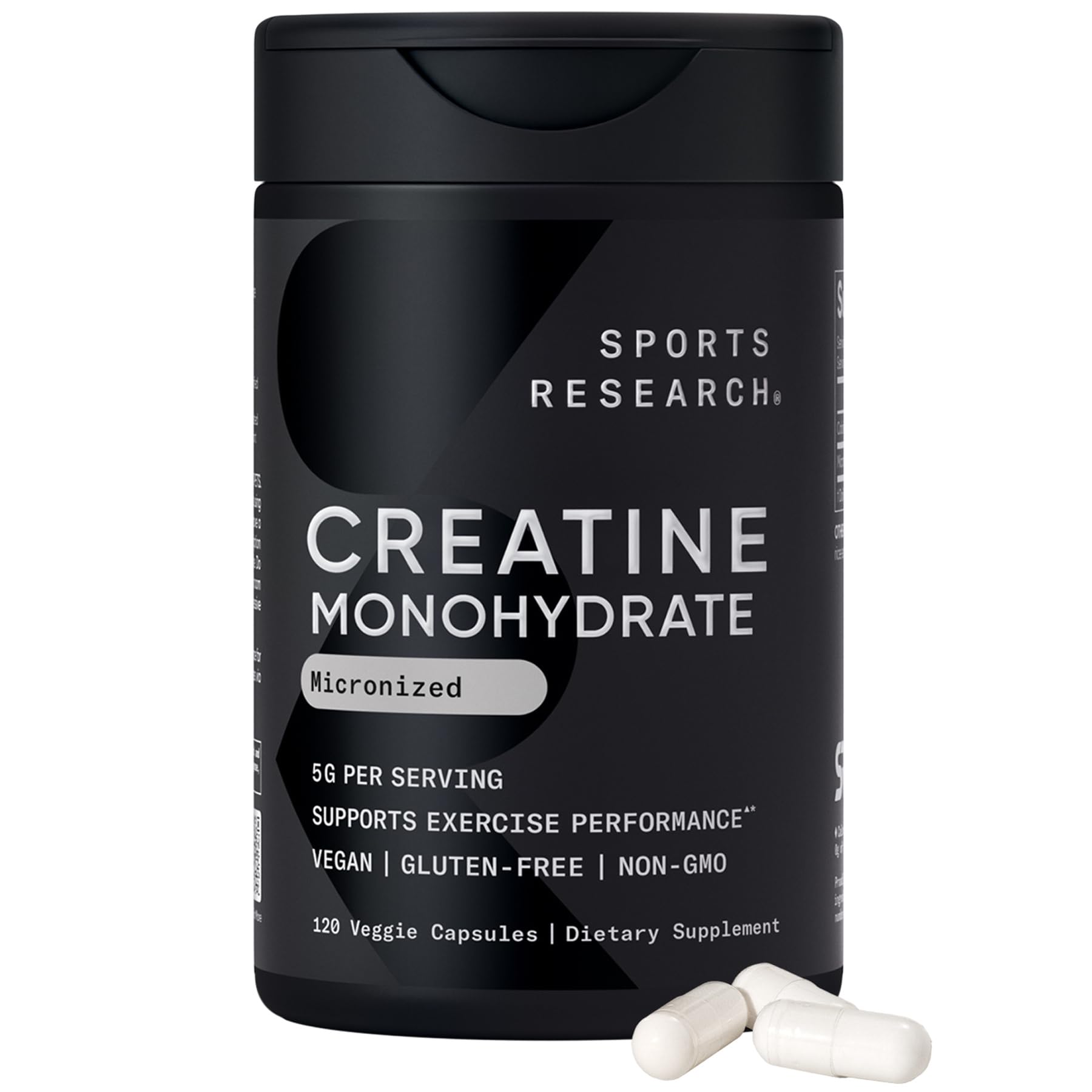 Sports Research creatine capsules bottle shown for daily strength support.