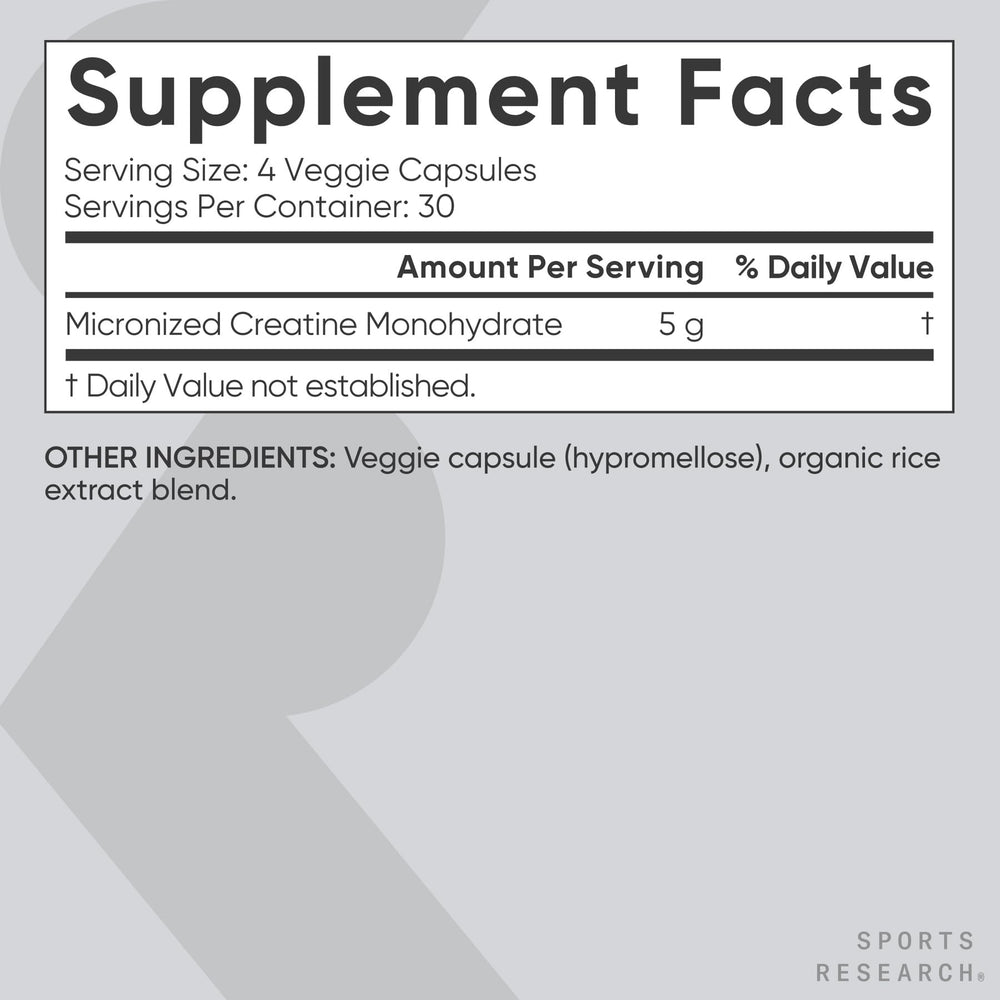 Non-GMO verified mark on Sports Research creatine capsule packaging.