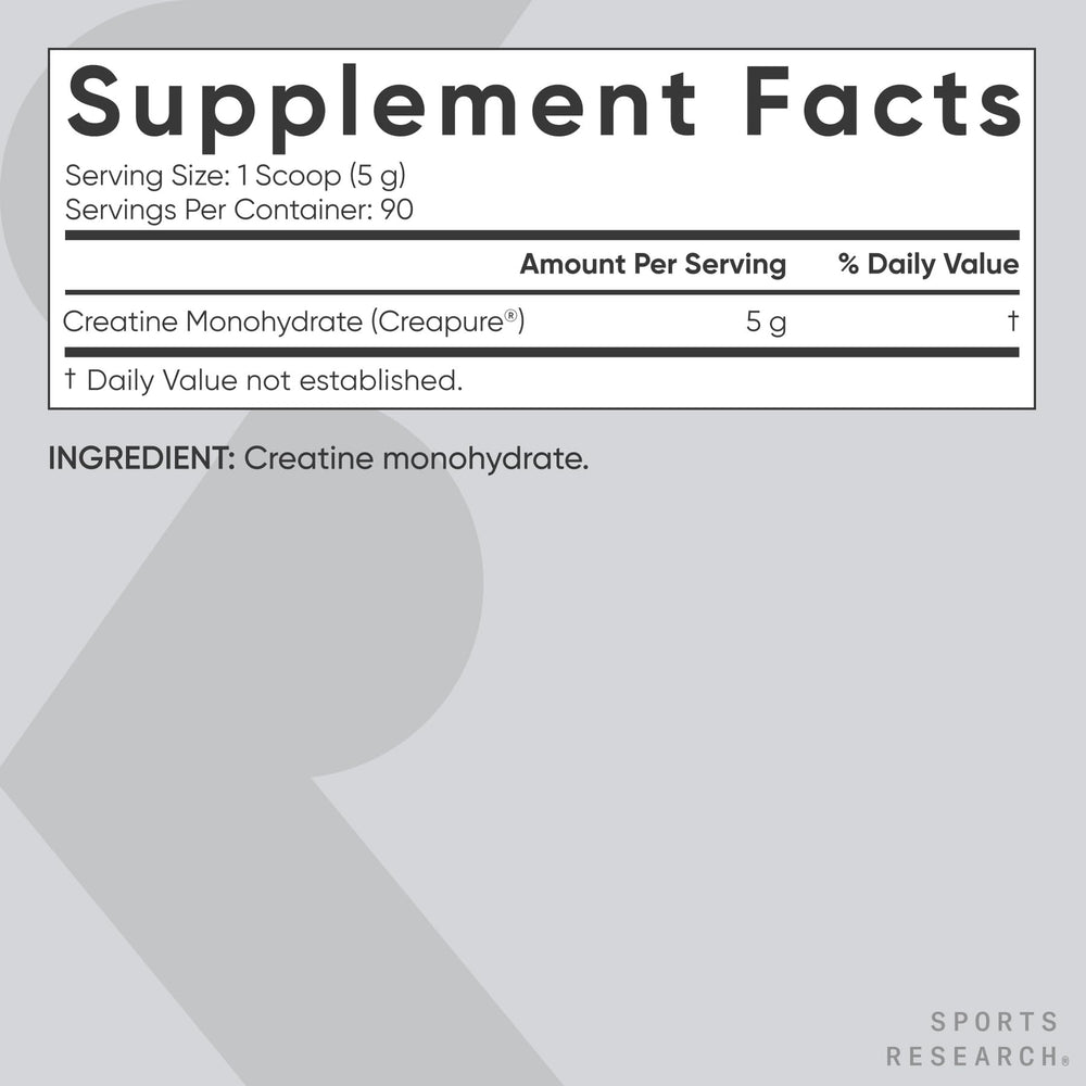 Sports Research creatine monohydrate powder close-up shows fine crystals.