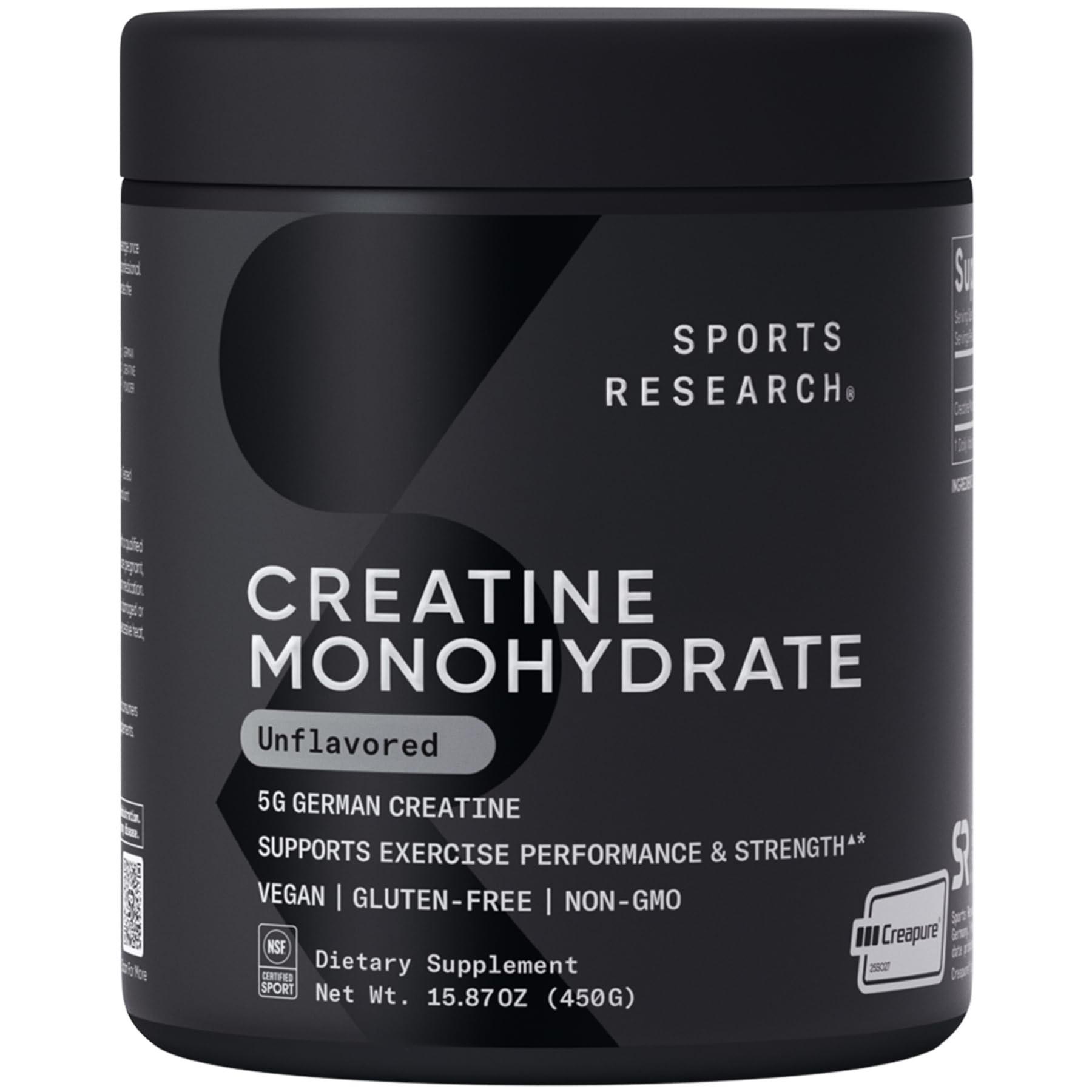 Sports Research creatine monohydrate powder jar front for strength and recovery.
