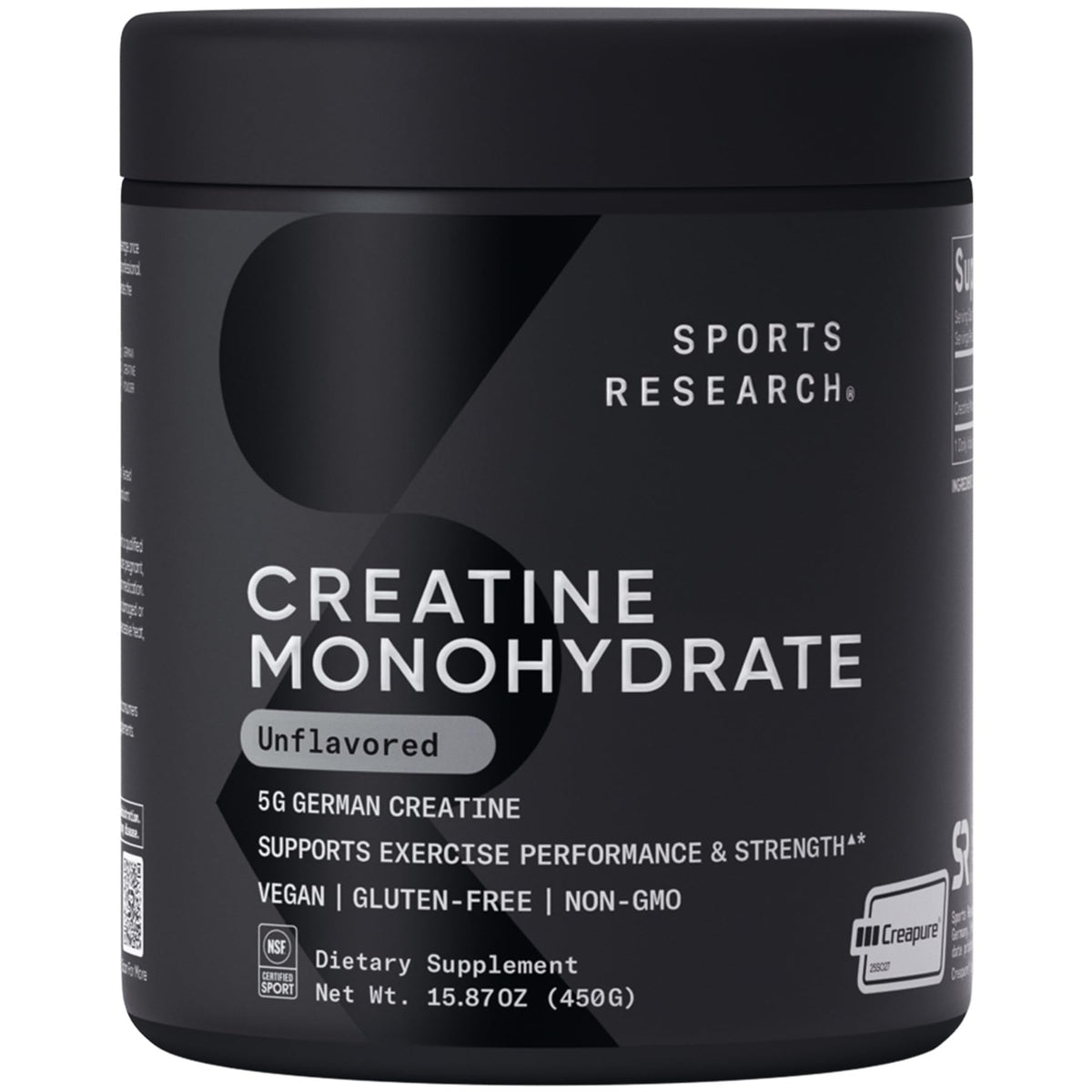 Sports Research creatine monohydrate powder jar front for strength and recovery.