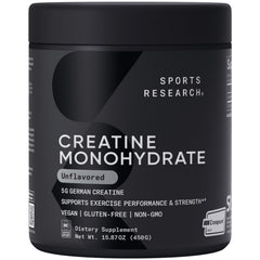 Sports Research creatine monohydrate powder jar front for strength and recovery.