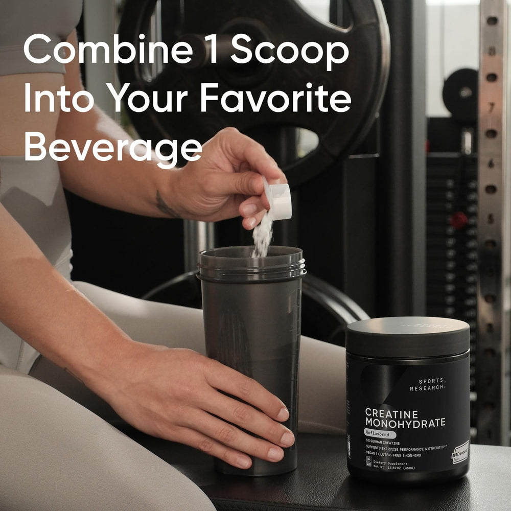 Sports Research creatine monohydrate powder dissolving in water for quick mix.