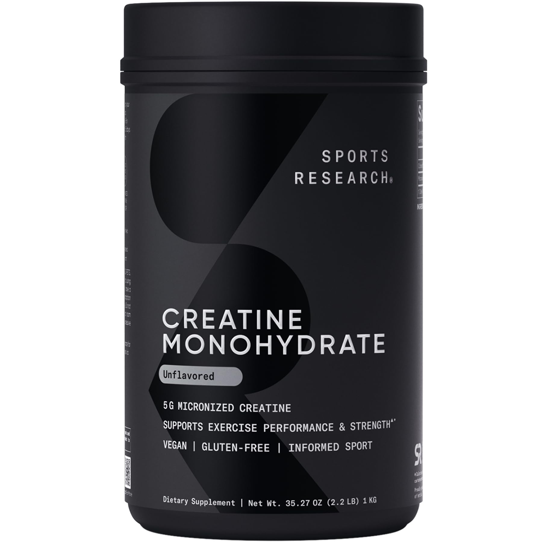 Sports Research Creatine Monohydrate powder tub with smooth-mixing micronized formula.