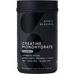 Sports Research Creatine Monohydrate powder tub with smooth-mixing micronized formula.
