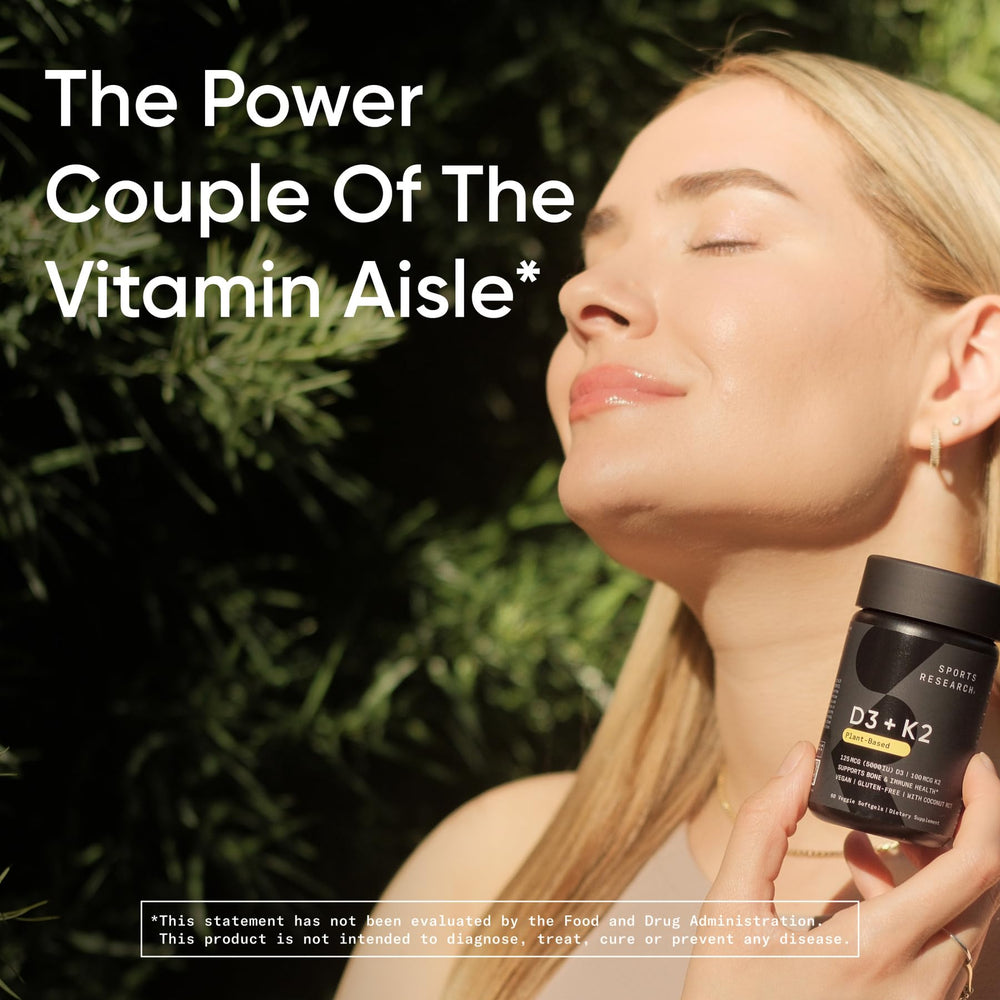 Sports Research label shows 125 mcg D3 (5000 IU) per softgel